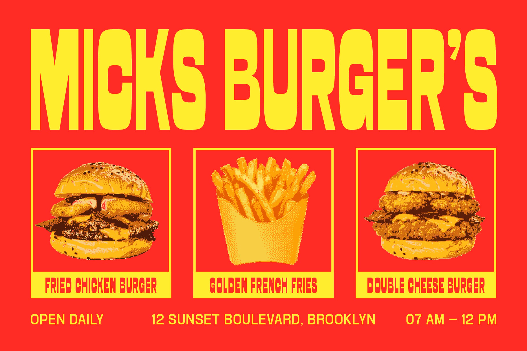 Bright red poster for Mick's Burgers with yellow text, fried chicken burger, fries, double cheese burger