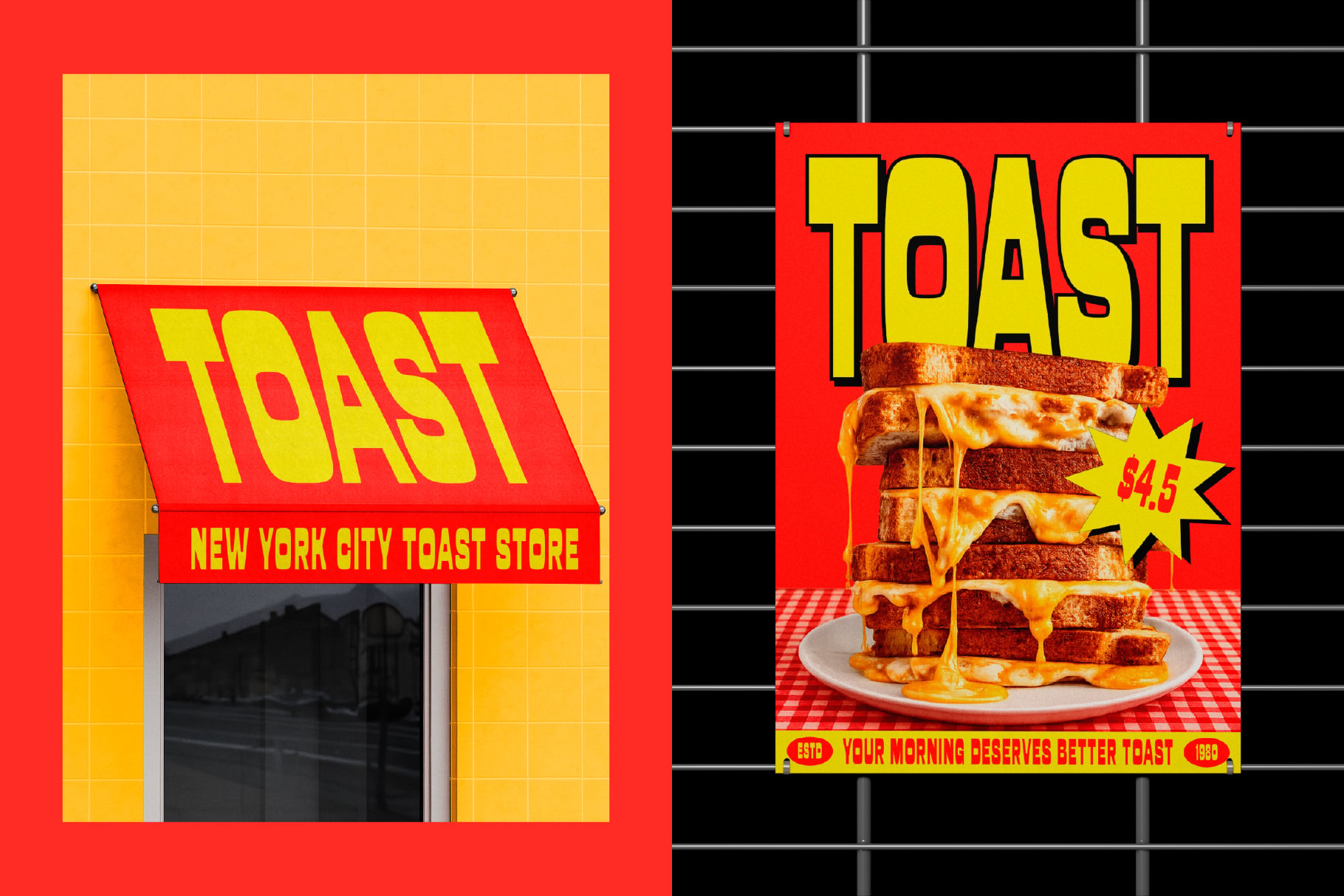Retro NYC toast shop storefront mockup with bold yellow, red branding plus vintage diner poster with melted cheese sandwich