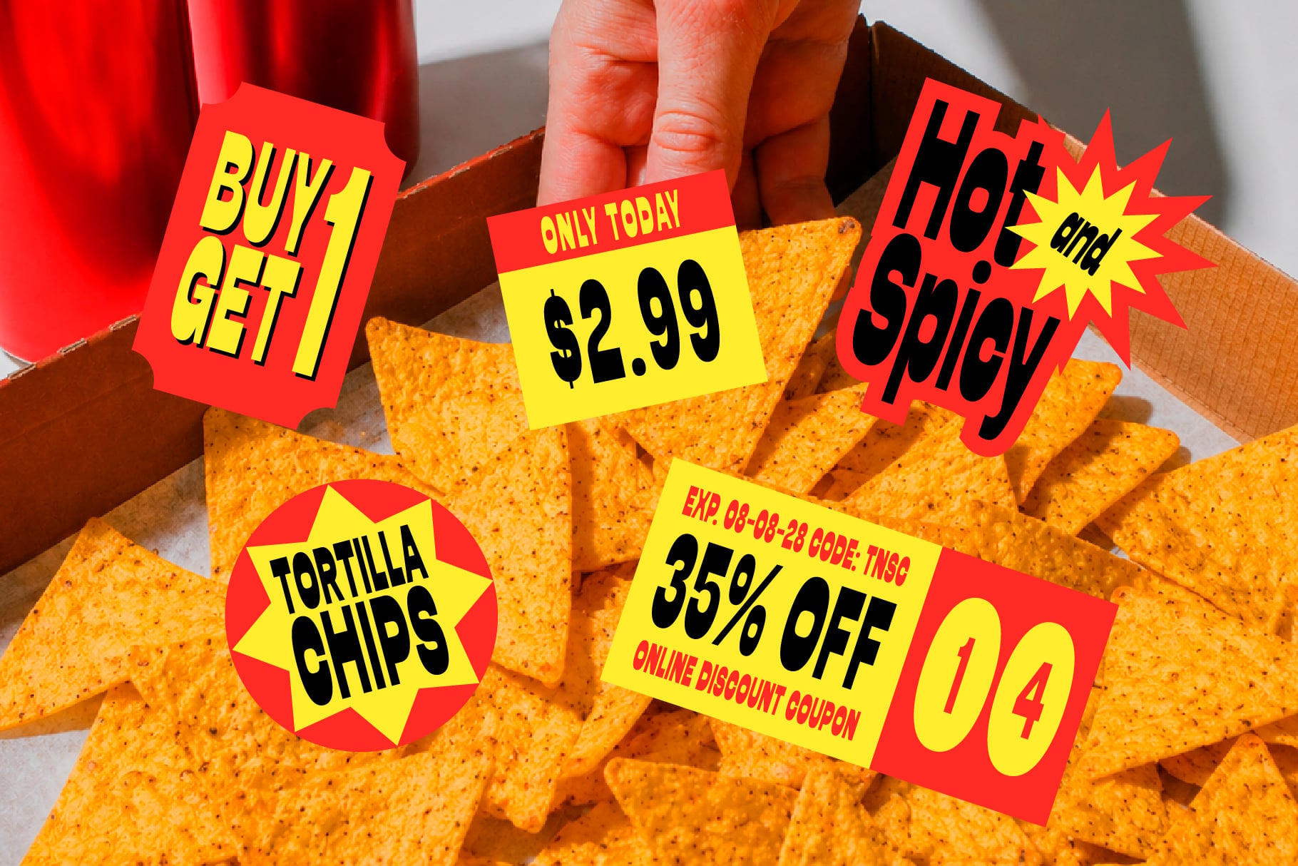 Bright retro price tags on tortilla chips with buy one get one, hot deals, plus 35% off coupons