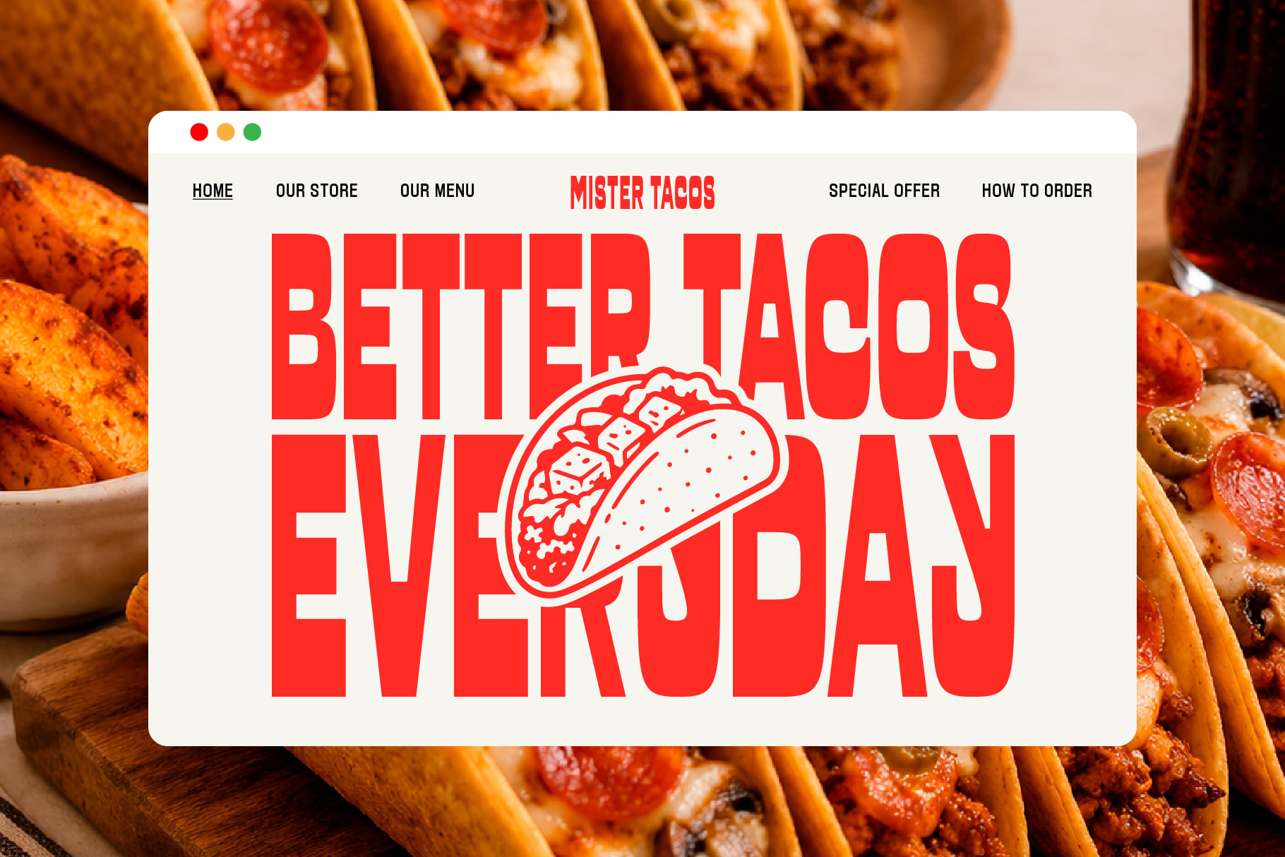 Browser window showing taco restaurant website with bold red typography over food photography background