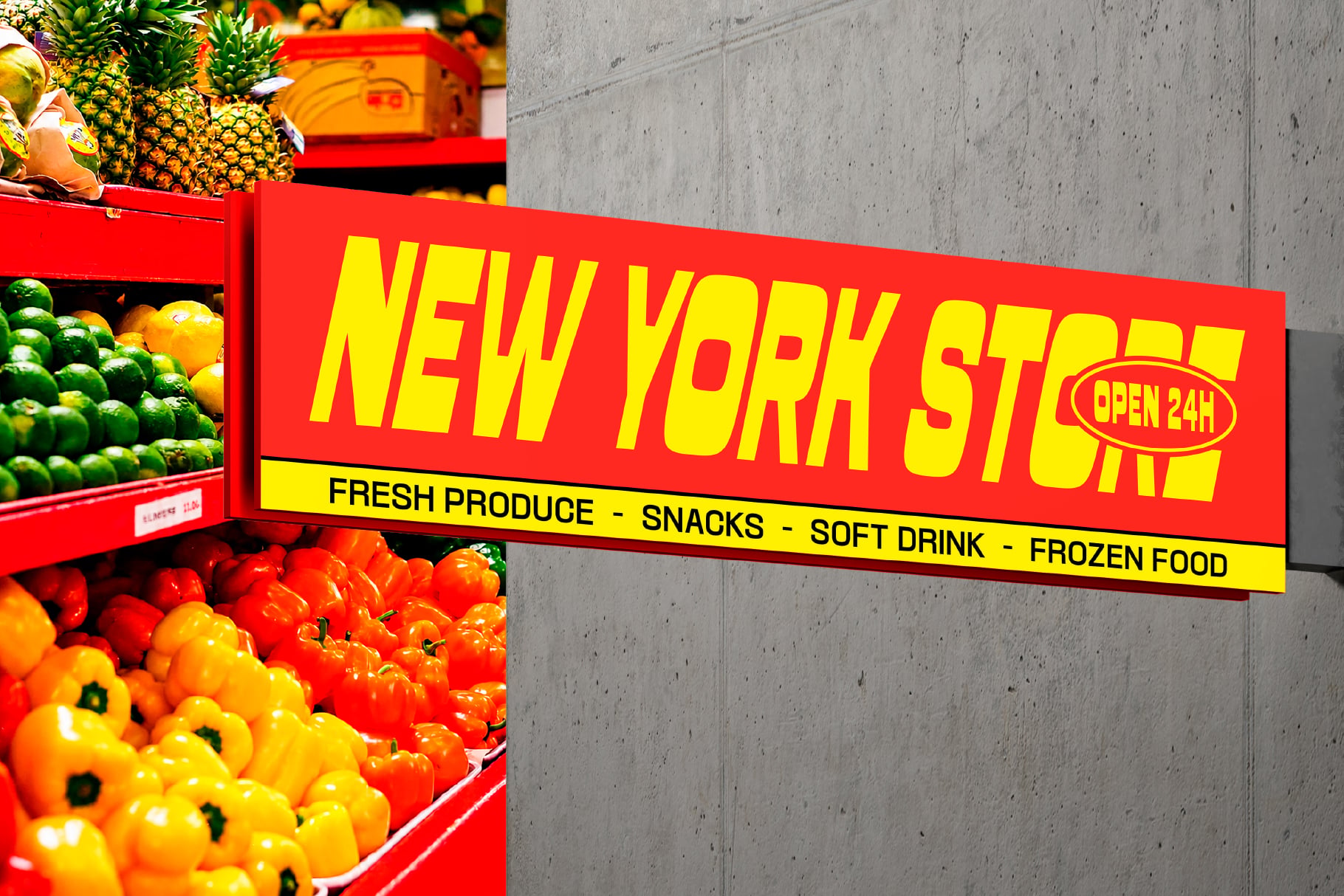 Bodega storefront sign in bright red with yellow text reading "New York Store," fresh produce displays below with peppers, pineapples, greens