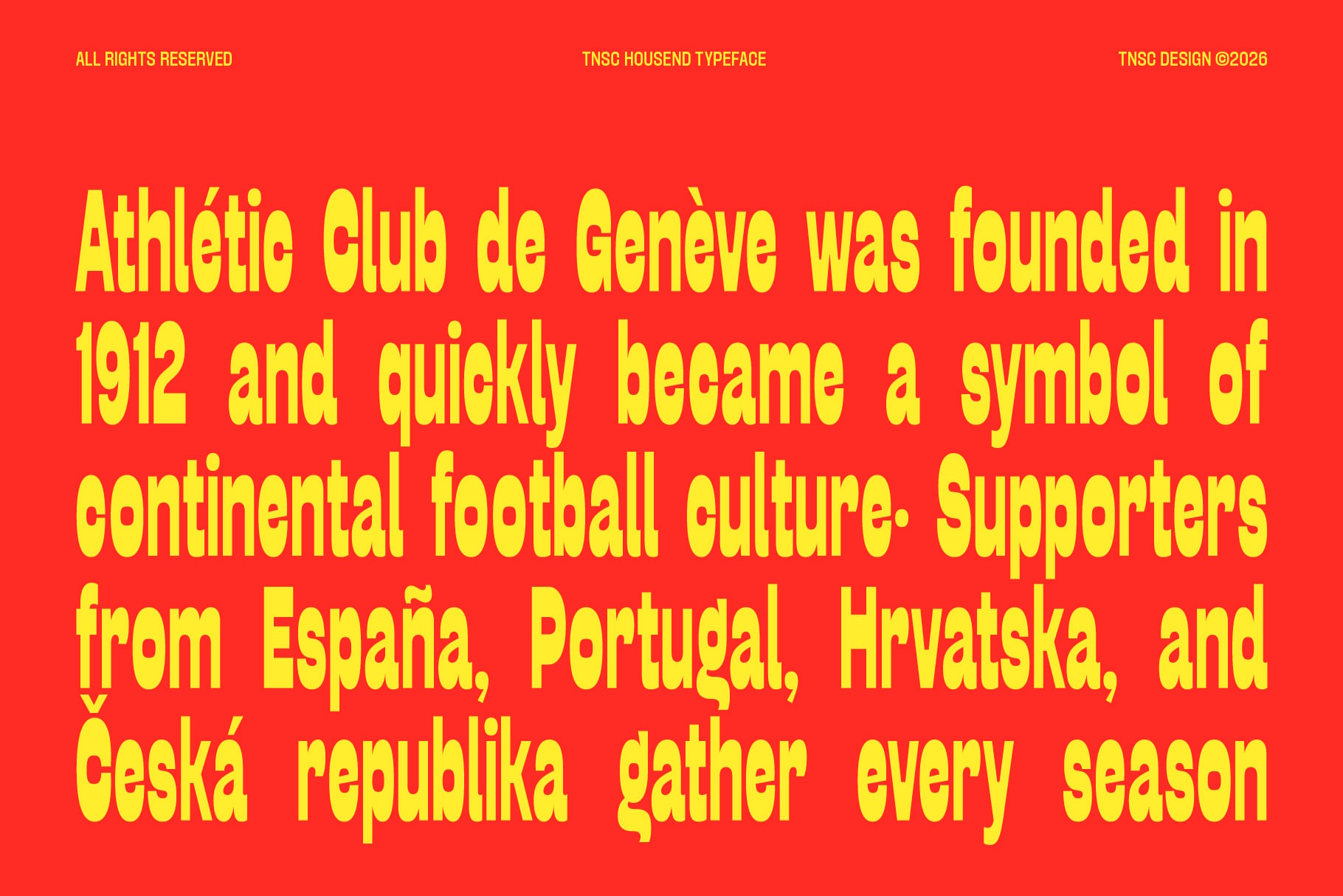 Bright red background with bold yellow sans-serif text describing sports club history