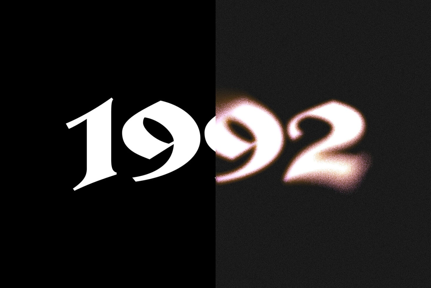 Split screen showing clean white numbers 1992 on left, glitchy neon version on right with chromatic aberration effect
