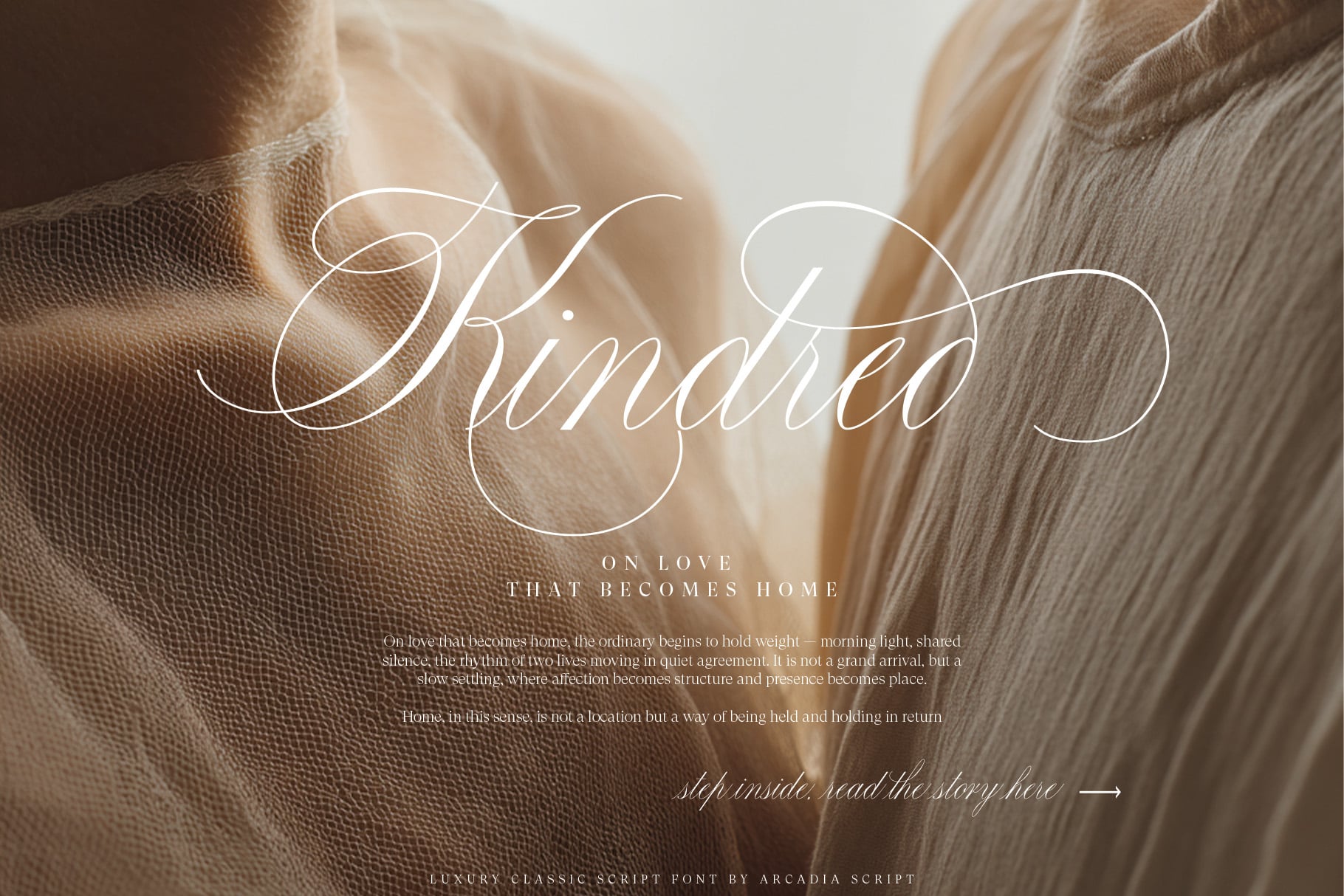 Elegant script font mockup with flowing cursive text overlaid on soft neutral fabric textures in cream, tan, beige tones