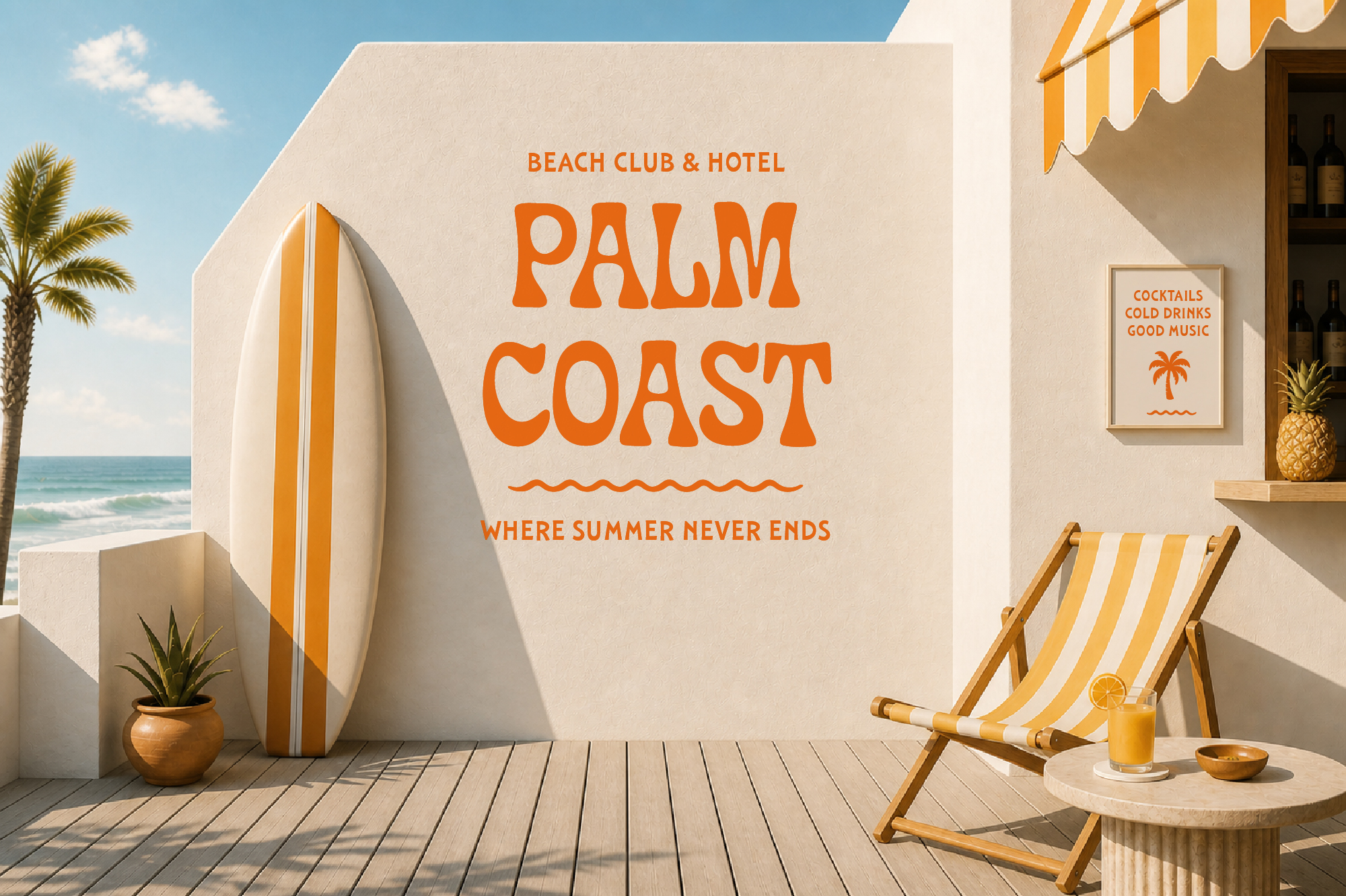 Bright beach club mockup with Palm Coast branding on white wall, surfboard, striped lounger, cocktail drinks