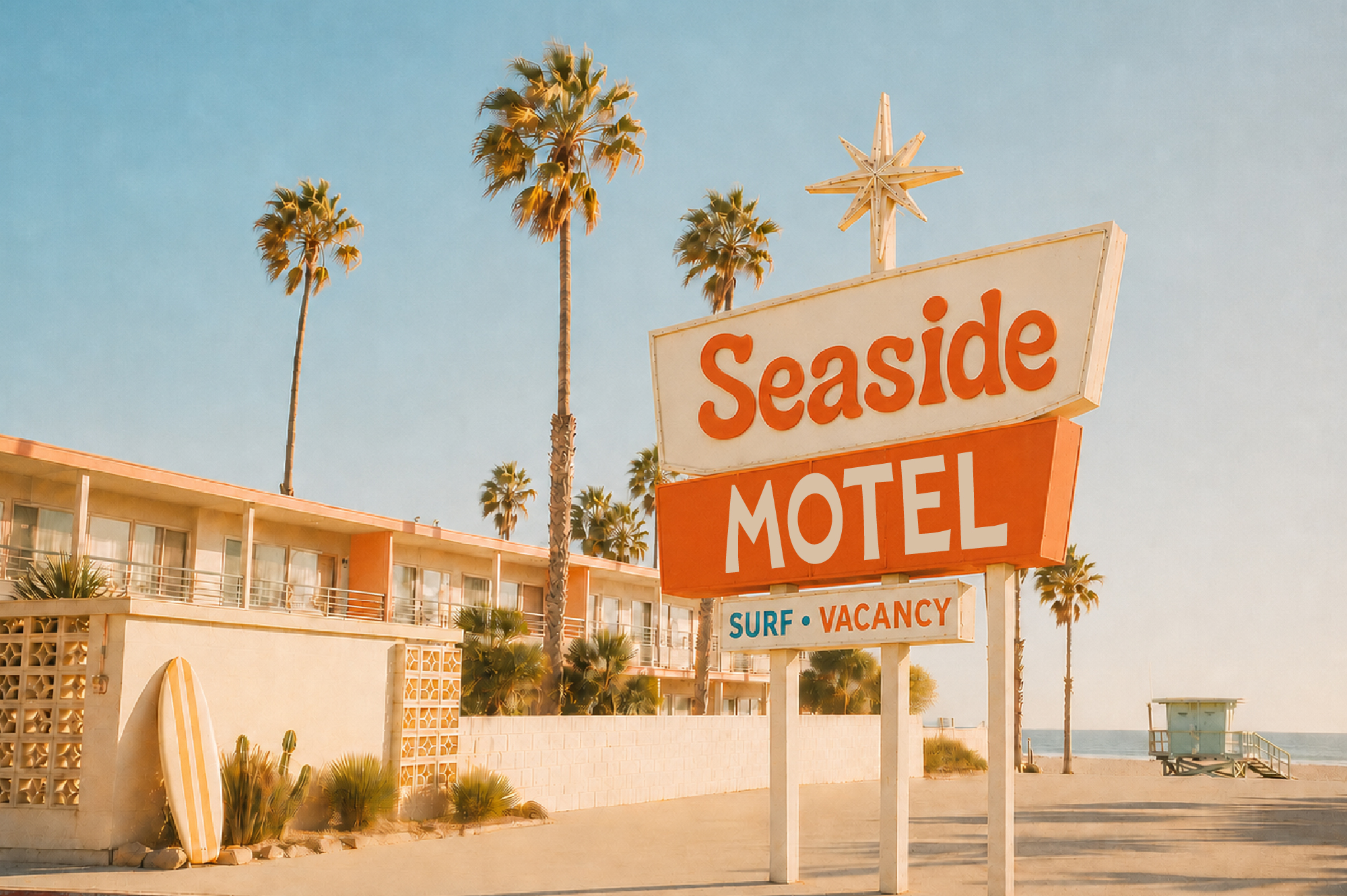 Retro seaside motel sign with palm trees, vintage neon aesthetic, sandy beach vibes