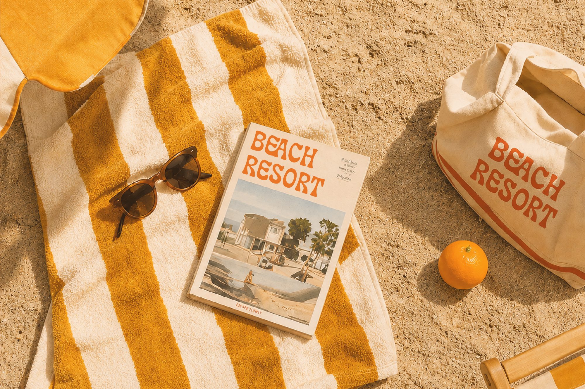 Overhead shot of beach essentials on sand: striped towel, sunglasses, magazine, tote bag, hat, orange