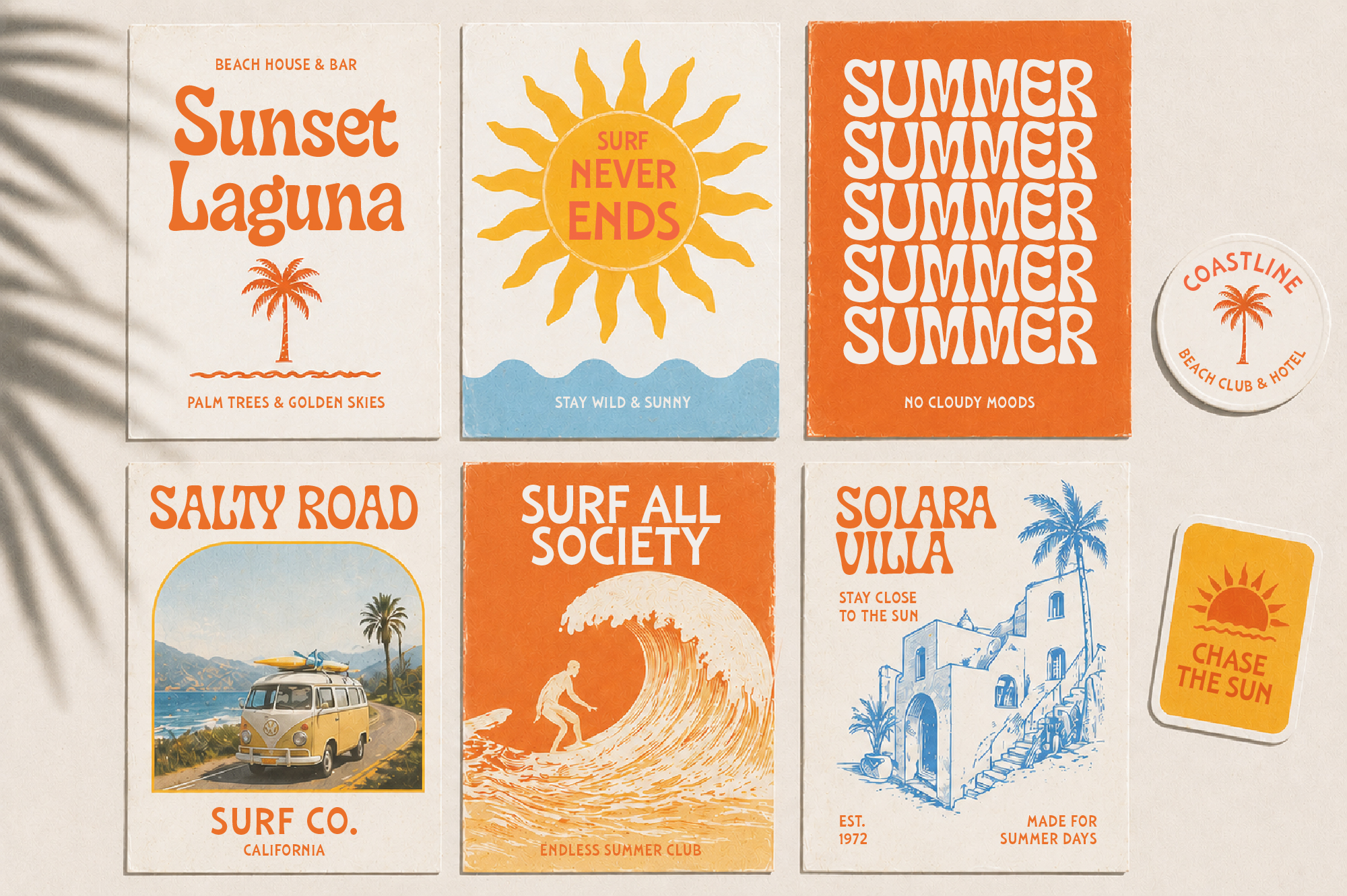 Retro summer poster collection with beach vibes, surfing graphics, palm trees, vintage vans in bright orange tones