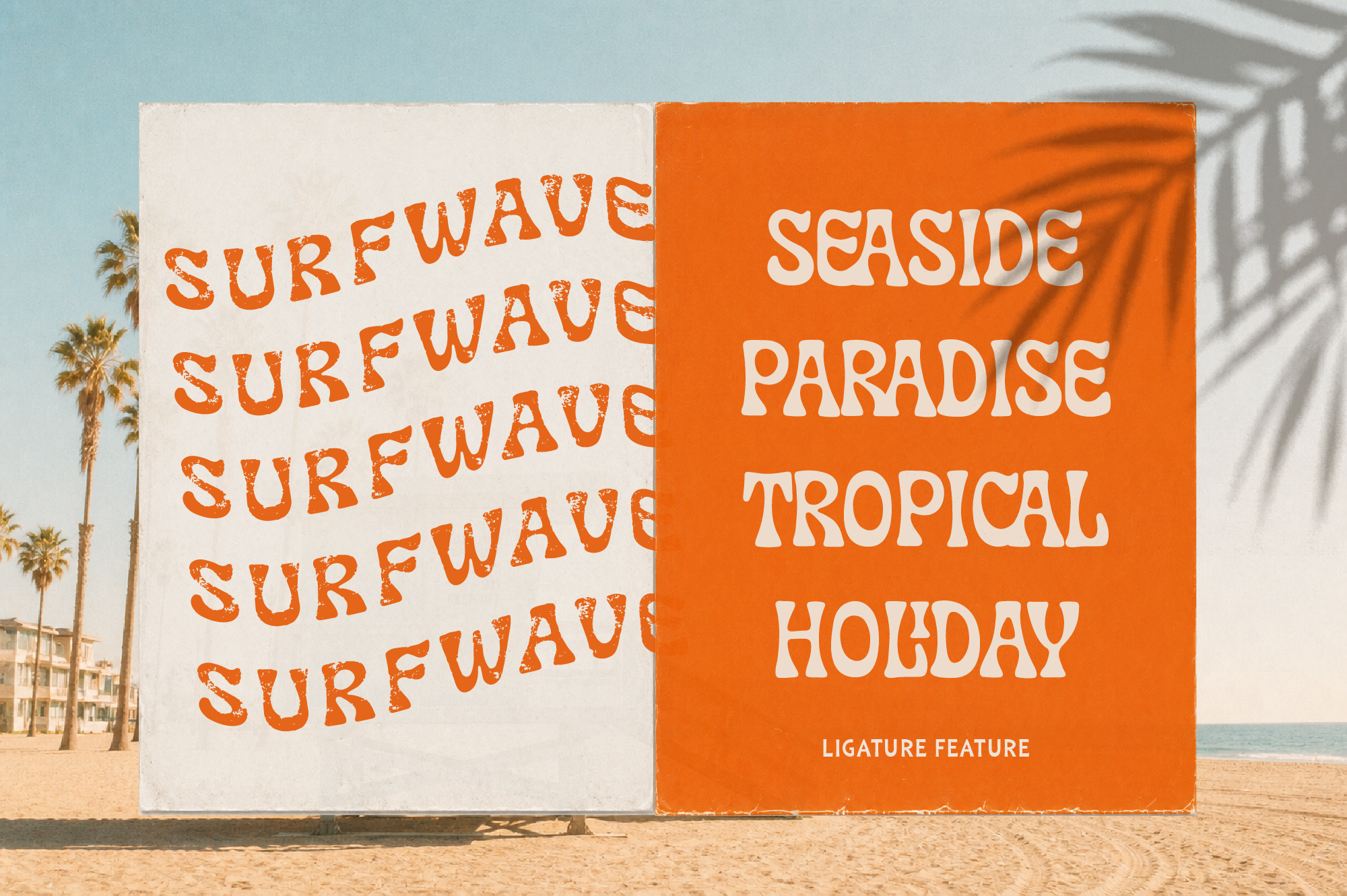 Retro beach poster mockup with orange text on cream plus orange panels with seaside holiday vibes