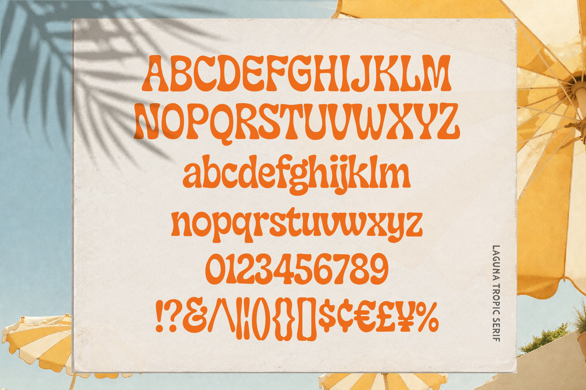 Bright orange rounded sans serif font showing uppercase, lowercase, numbers plus symbols on cream paper with tropical umbrellas