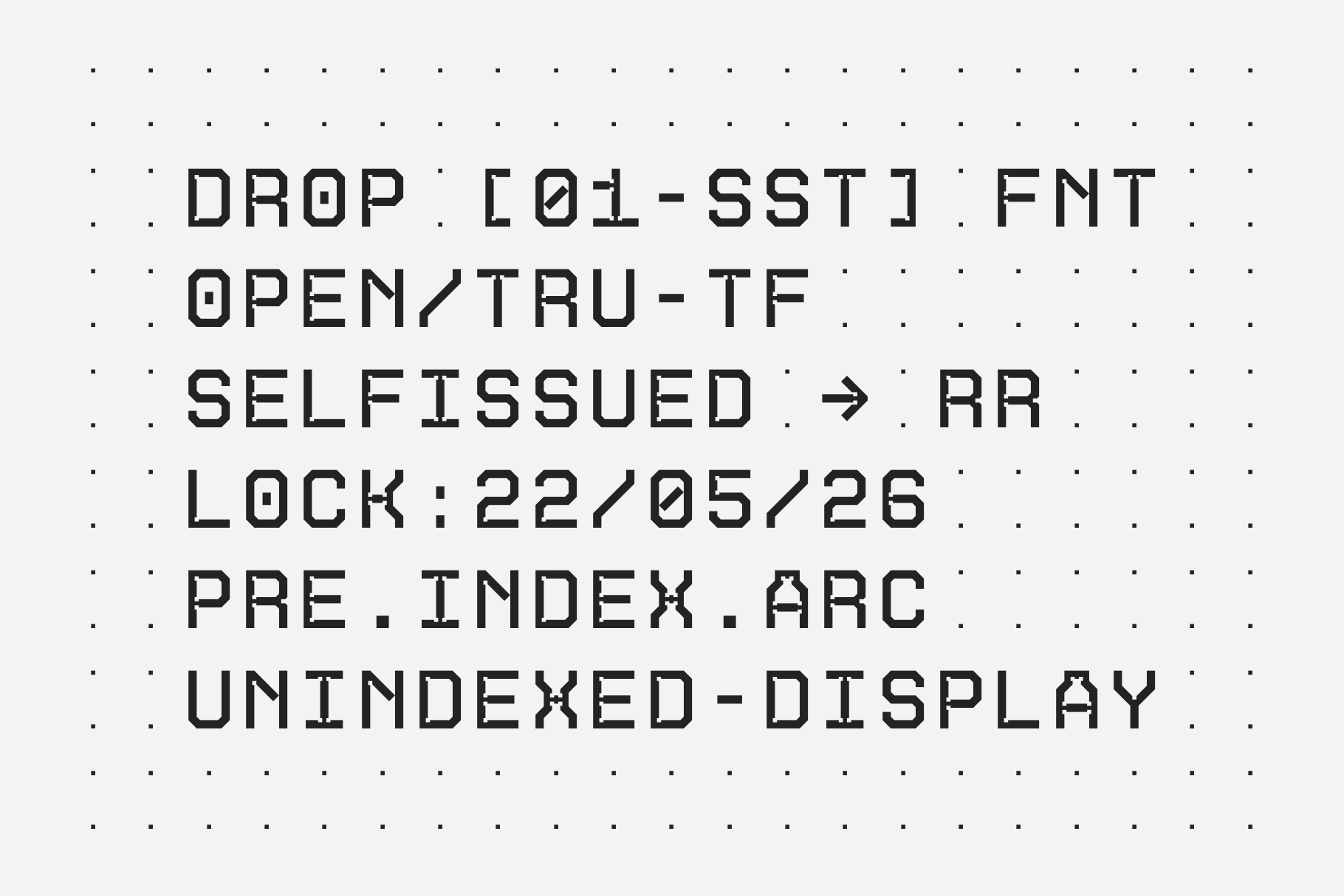 Drop 01 SST monospace font with technical specs on dotted background
