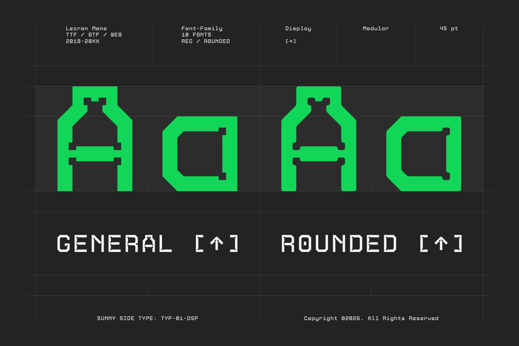 Lacran Mono font family showing 18 weights in bright neon green geometric letterforms on dark background
