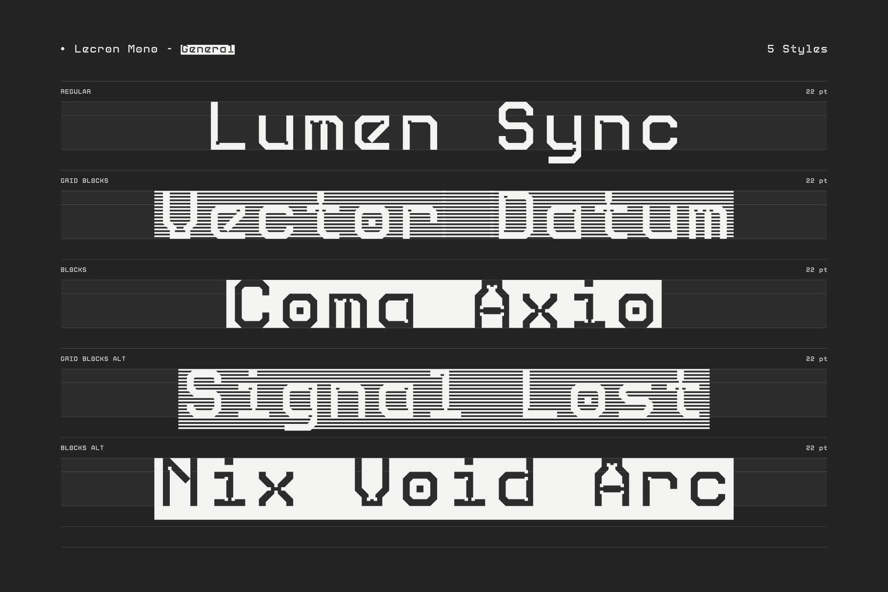 Legron Mono font family showing 5 styles with regular, grid blocks, solid blocks variants in white on dark background