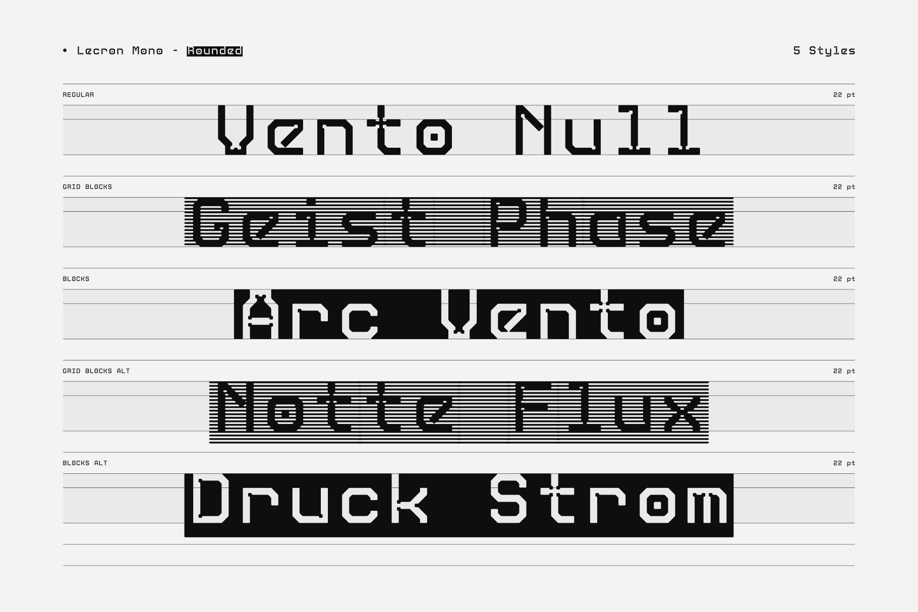 Lecren Mono Rounded font specimen showing 5 styles with regular, grid blocks, blocks variations