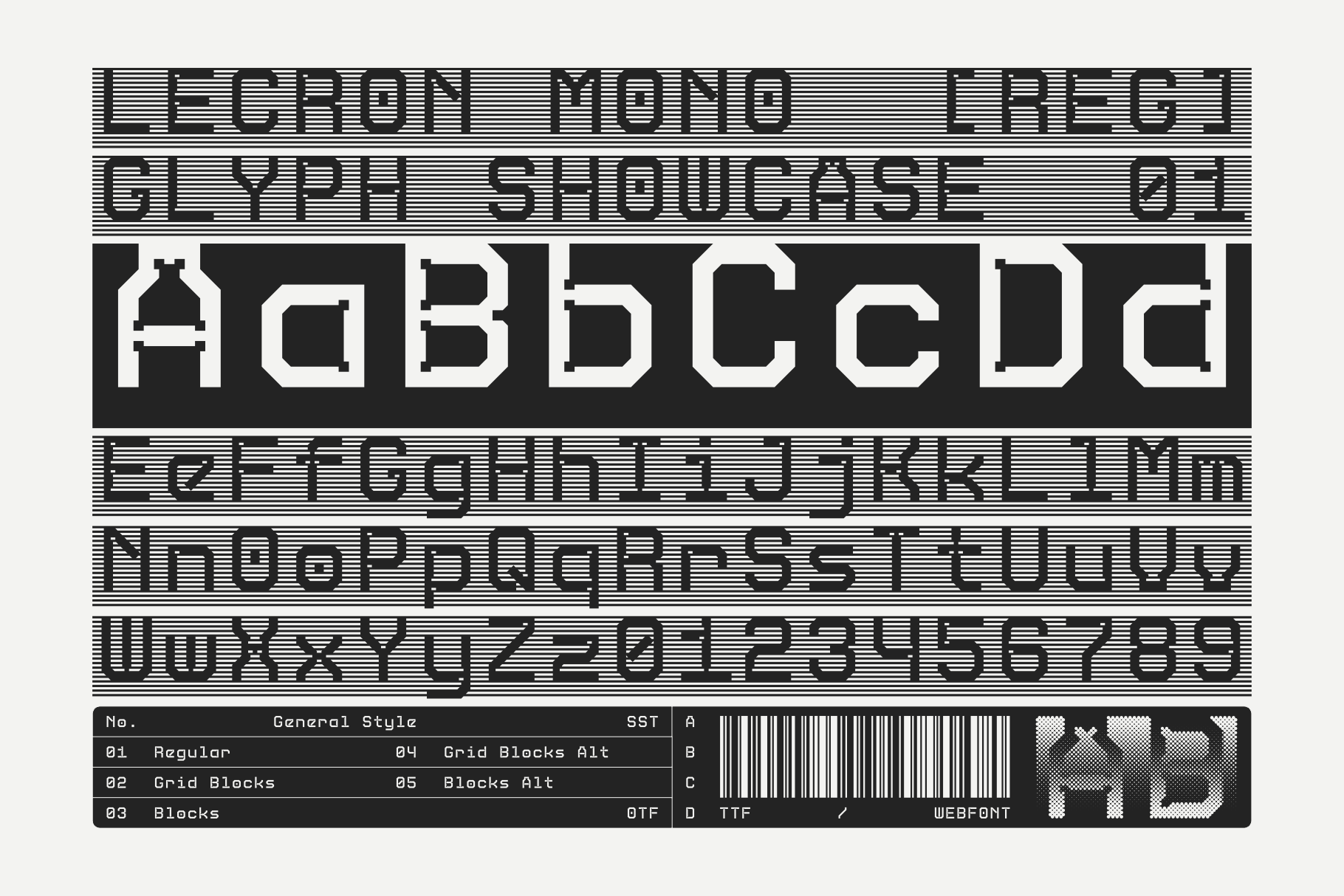 Retro pixelated font with horizontal scan lines, showing full alphabet in blocky geometric style