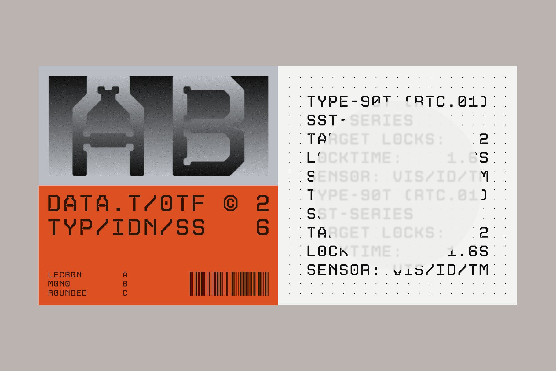 Brutalist font specimen showing monospace typeface with orange label, barcode, plus tech data printout overlay