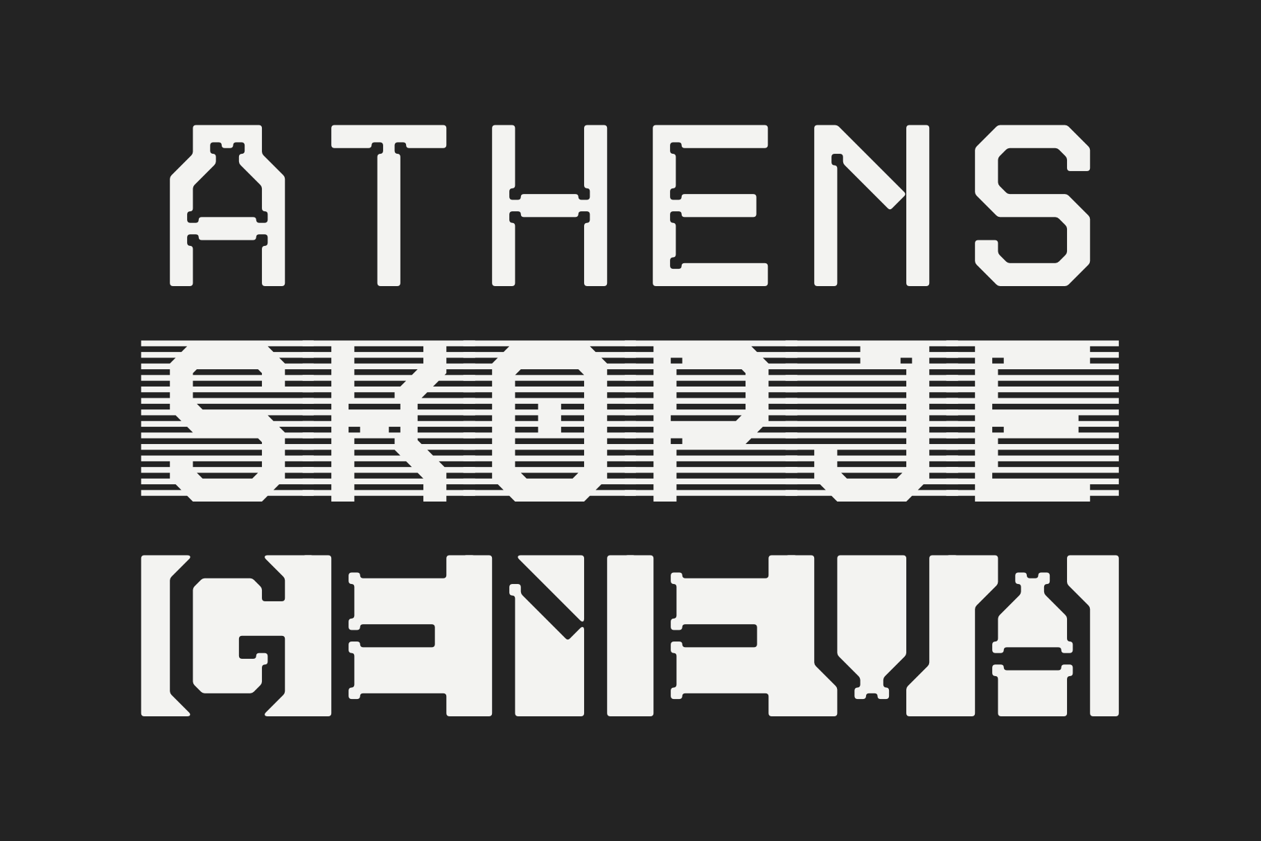 Bold geometric typeface with tech-inspired letterforms on dark background, striped texture overlay