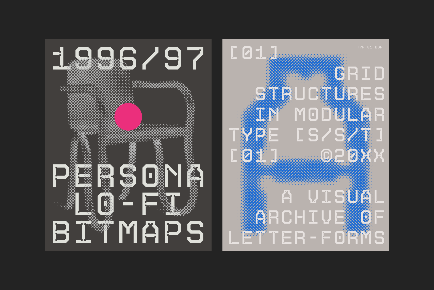 Lo-fi bitmap posters with pixelated shapes, retro type treatment, technical text overlays