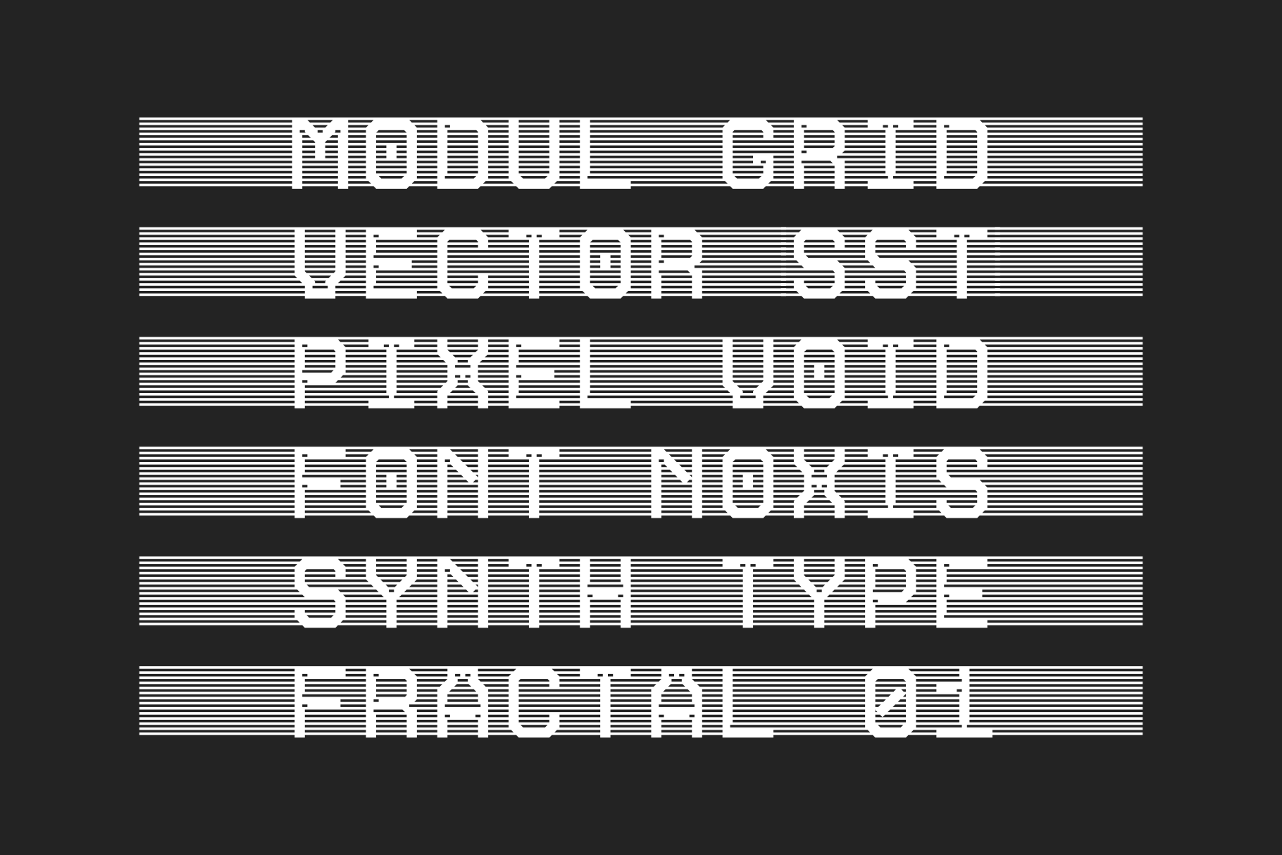Bold striped typeface mockup showing six different font weight variations on dark background