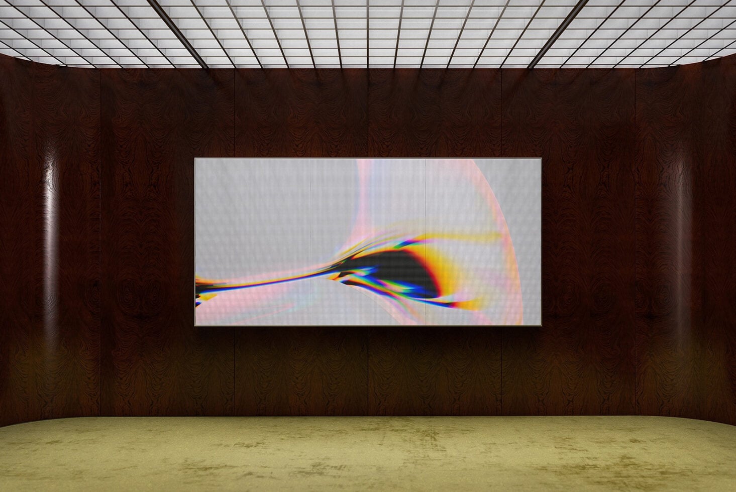 Gallery space with dark wood walls showing colorful glitch art on oversized screen display