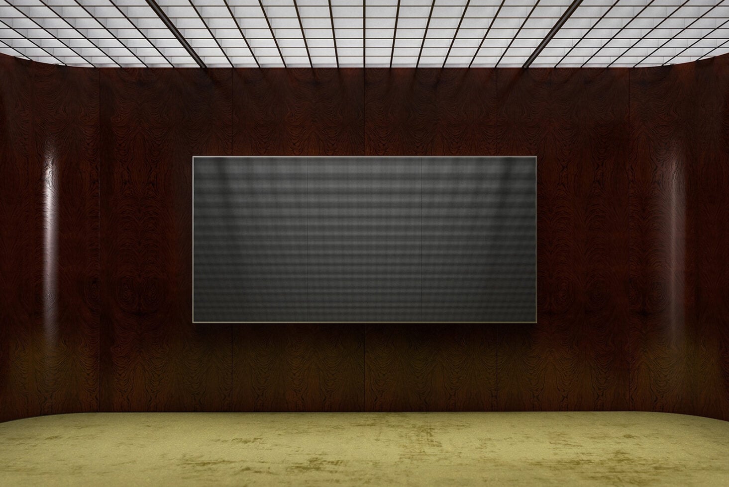 Modern gallery space with dark wood walls, grid ceiling, concrete floor, blank screen mockup