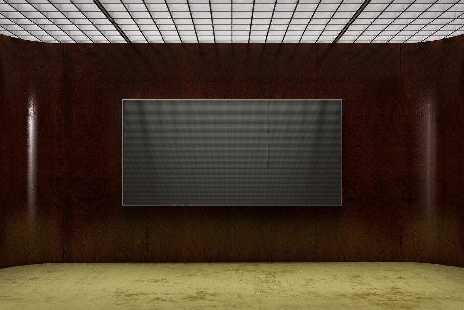 Modern gallery space with dark wood walls, grid ceiling, concrete floor, blank screen mockup