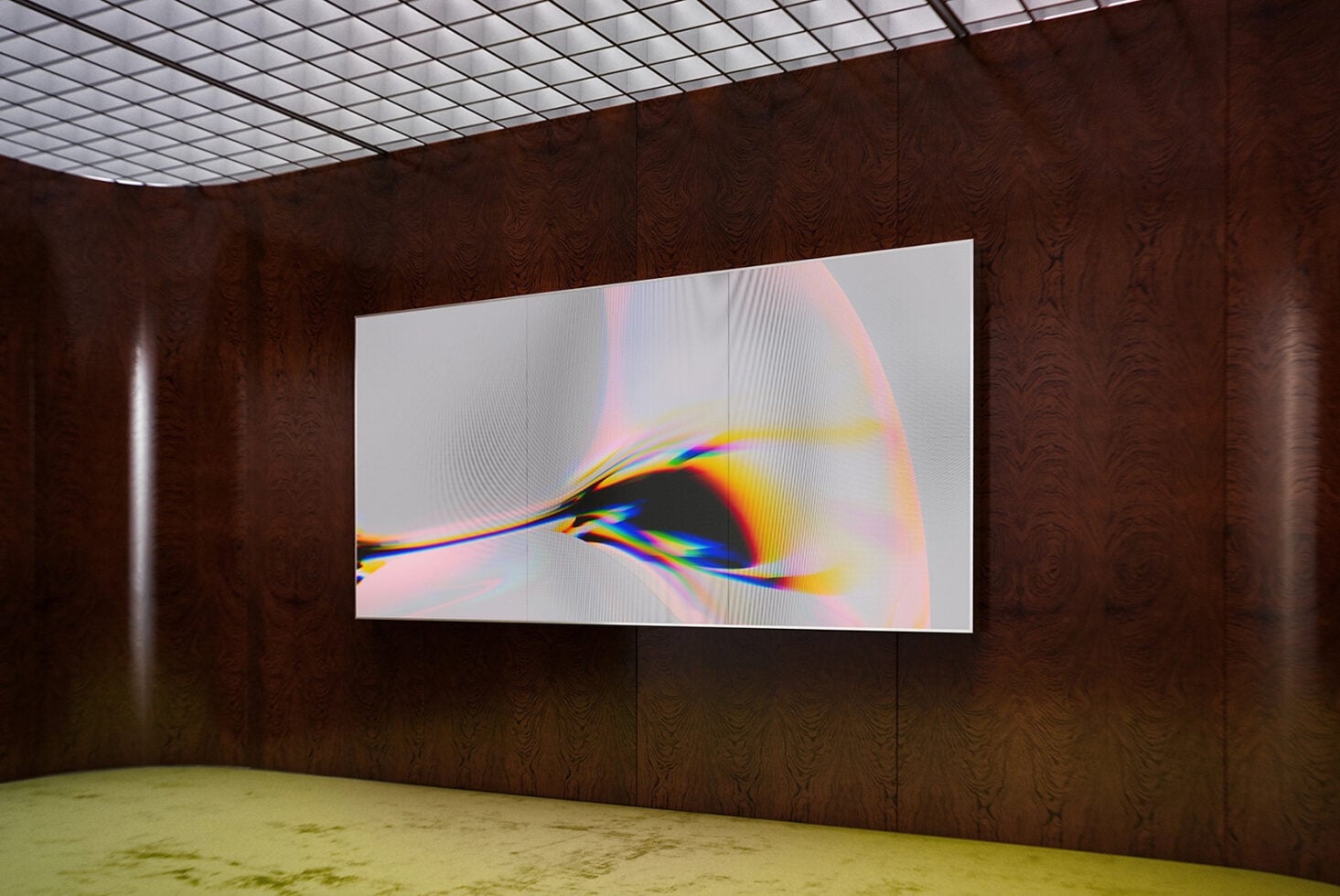 Large gallery display screen showing vibrant rainbow light refraction with flowing lines on dark wood walls