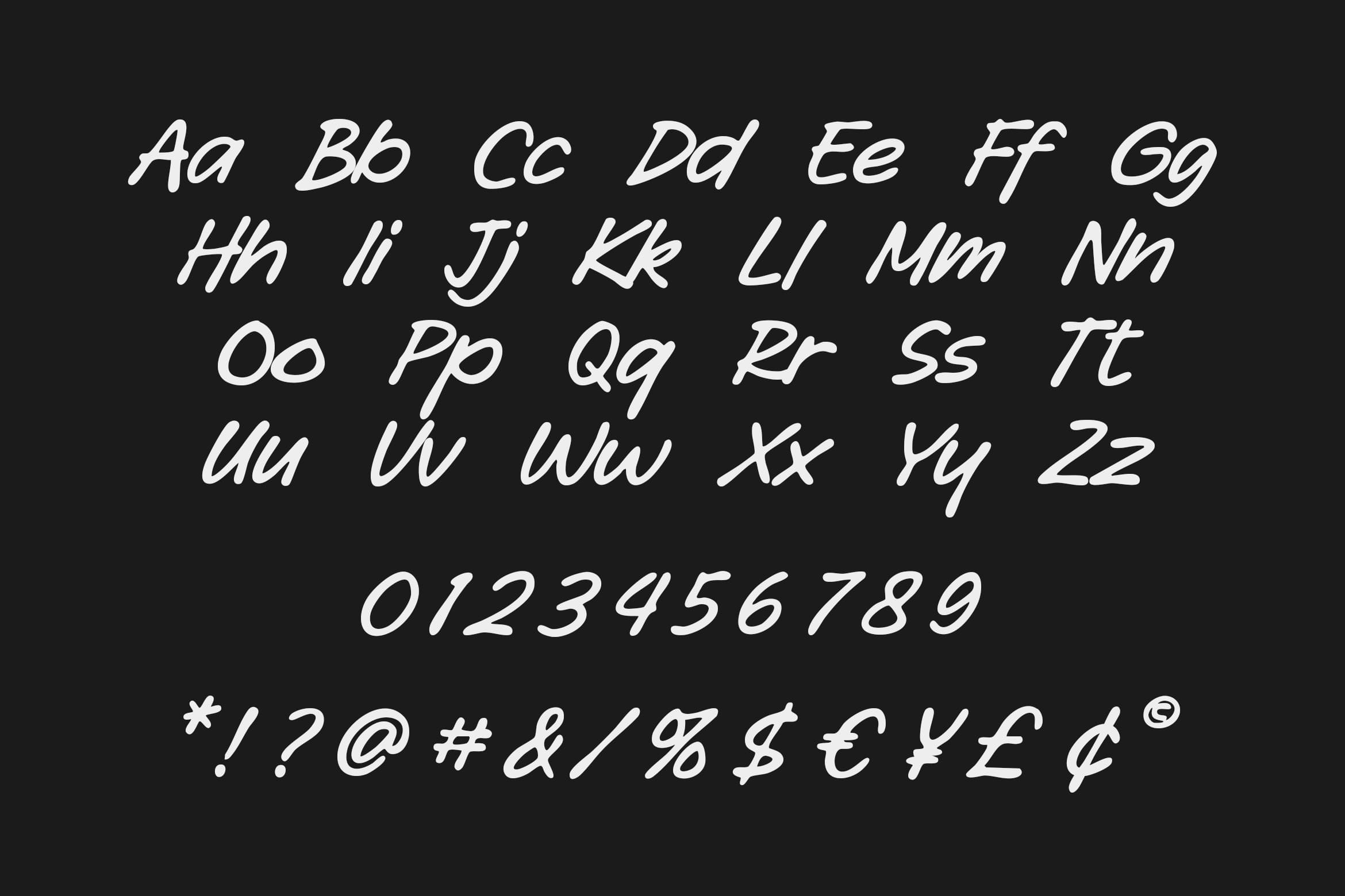 Handwritten italic font with full character set on dark background