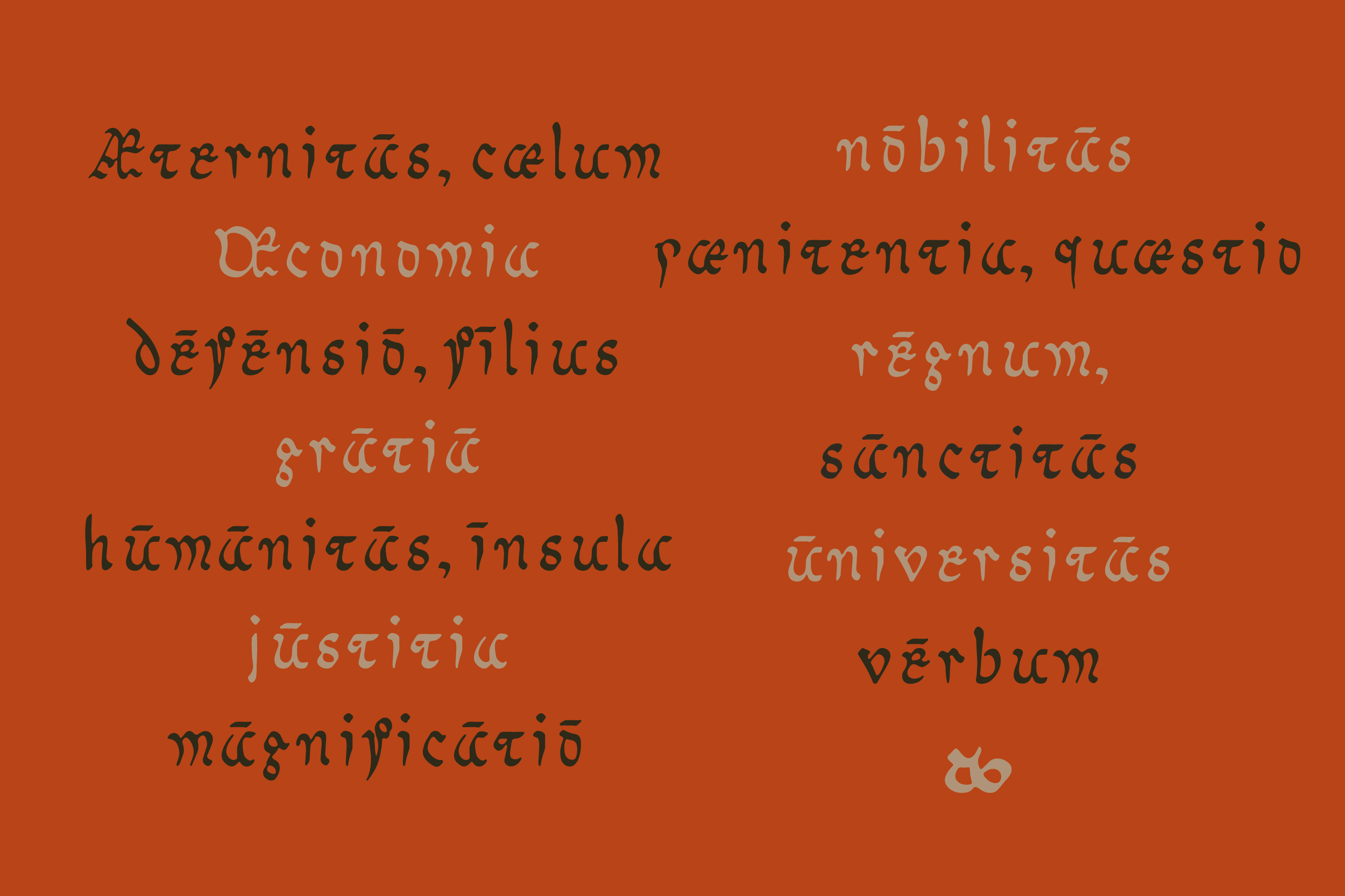 Scattered Latin text in mixed typefaces on burnt orange background