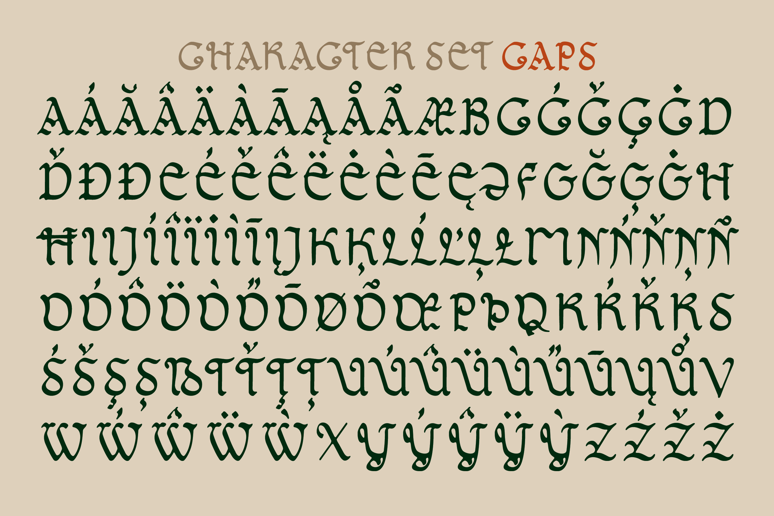 Ornate serif typeface showing full character set with diacritical marks in forest green on cream background