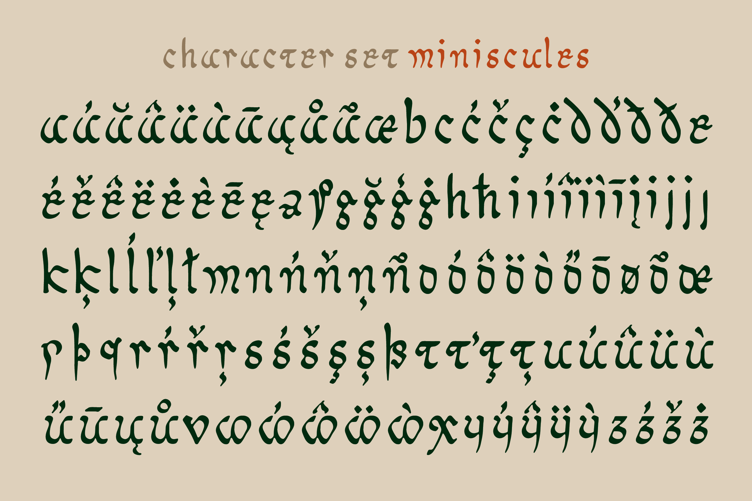 Miniscules character set showing ornate serif letterforms with diacritical marks in forest green