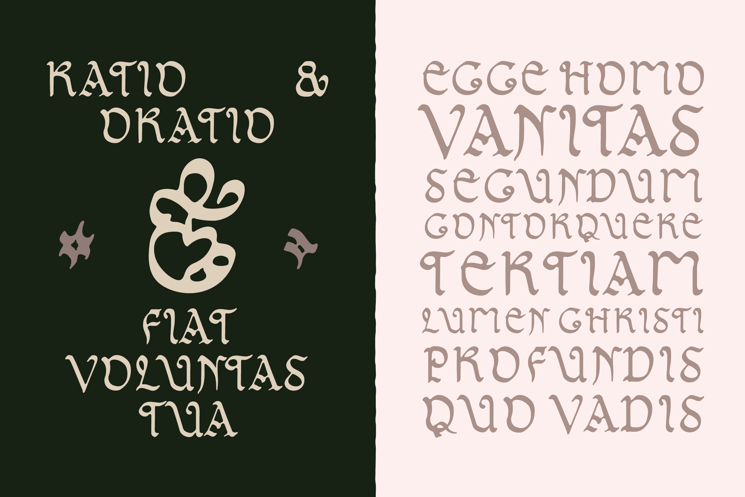 Two-panel font display showing serif typeface in cream on dark green plus taupe on cream