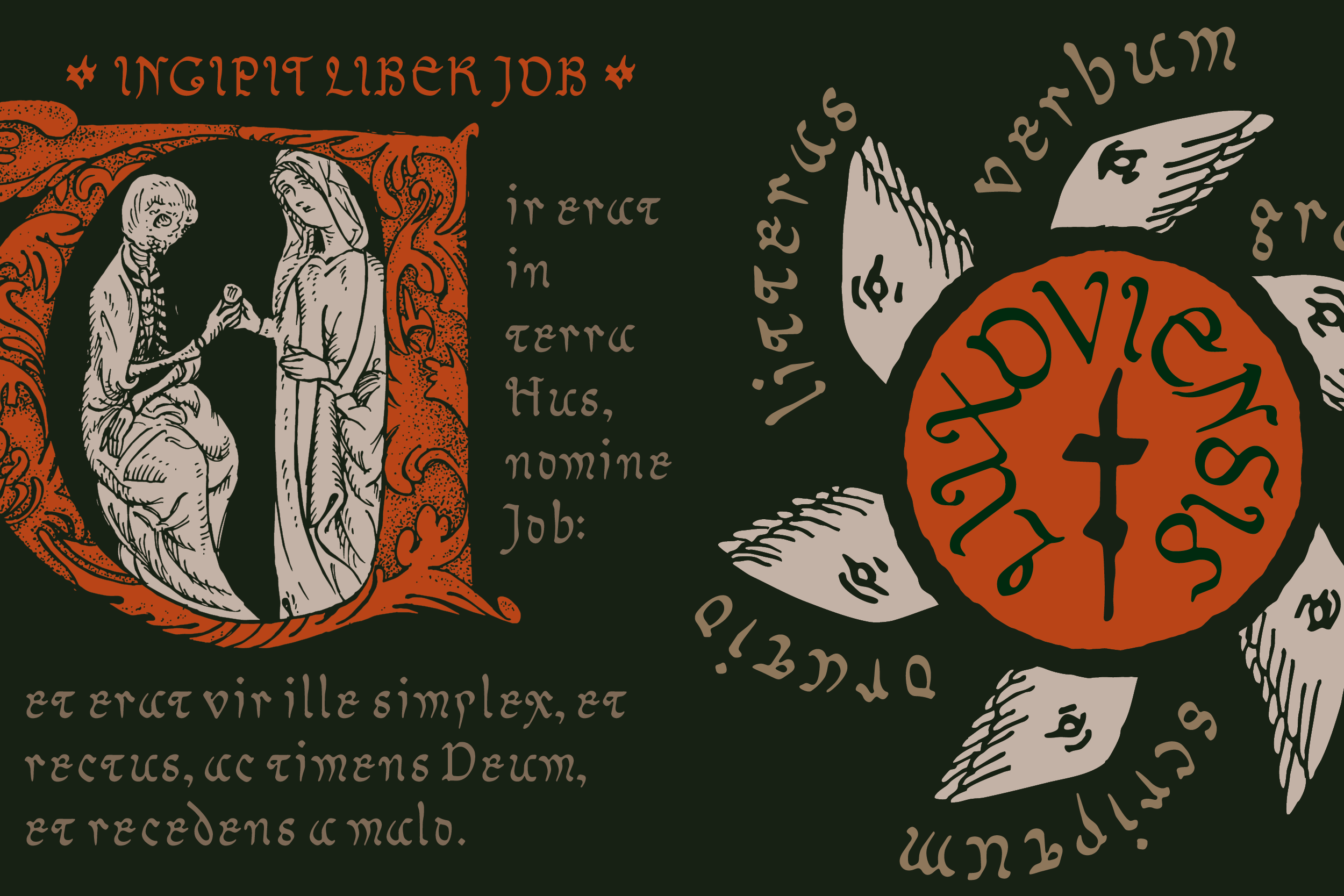 Medieval manuscript illustration with engraved figures, ornate borders, wings, cross symbol on dark green background
