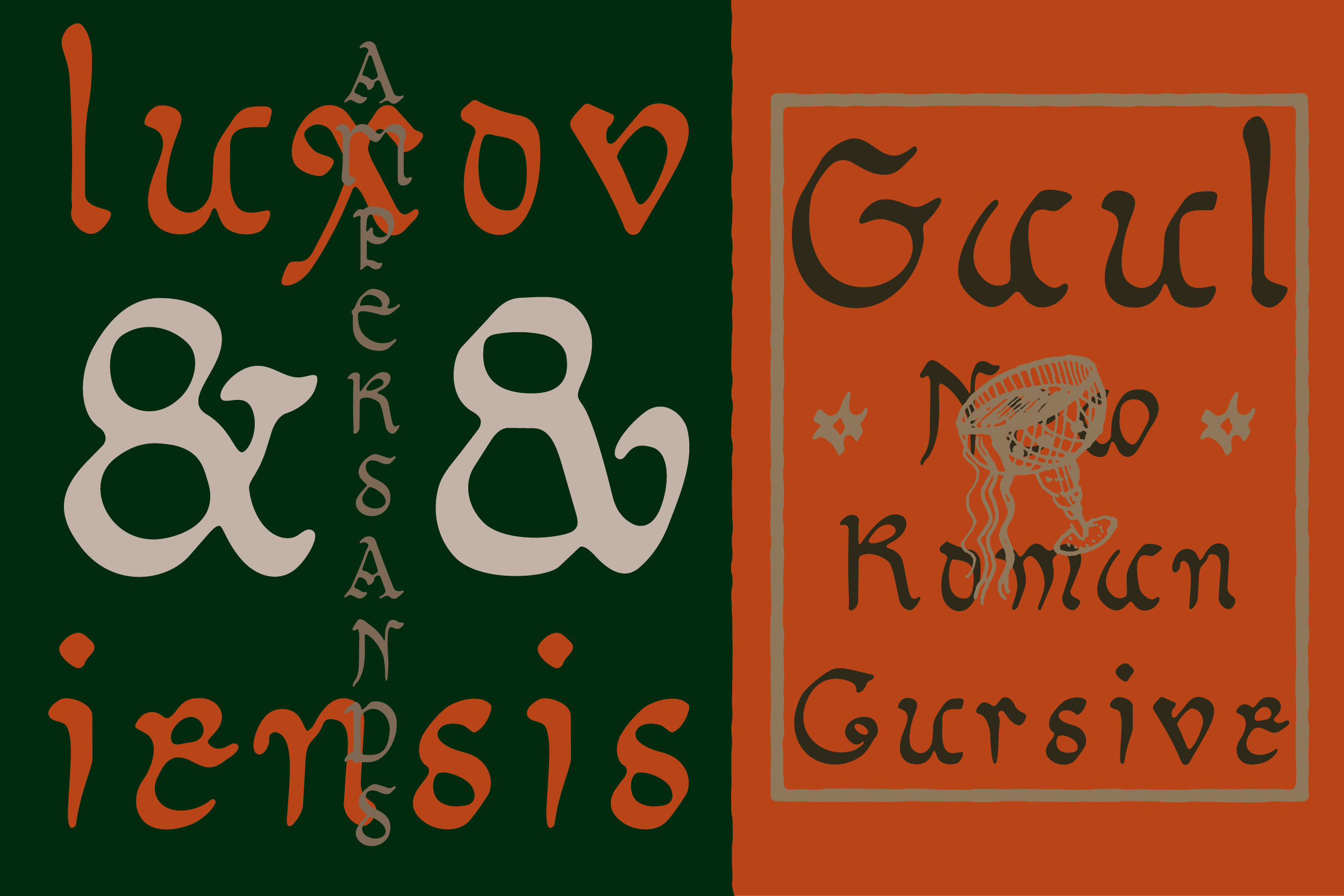 Vintage-inspired decorative fonts with ornate letterforms, jellyfish illustration, orange on green palette