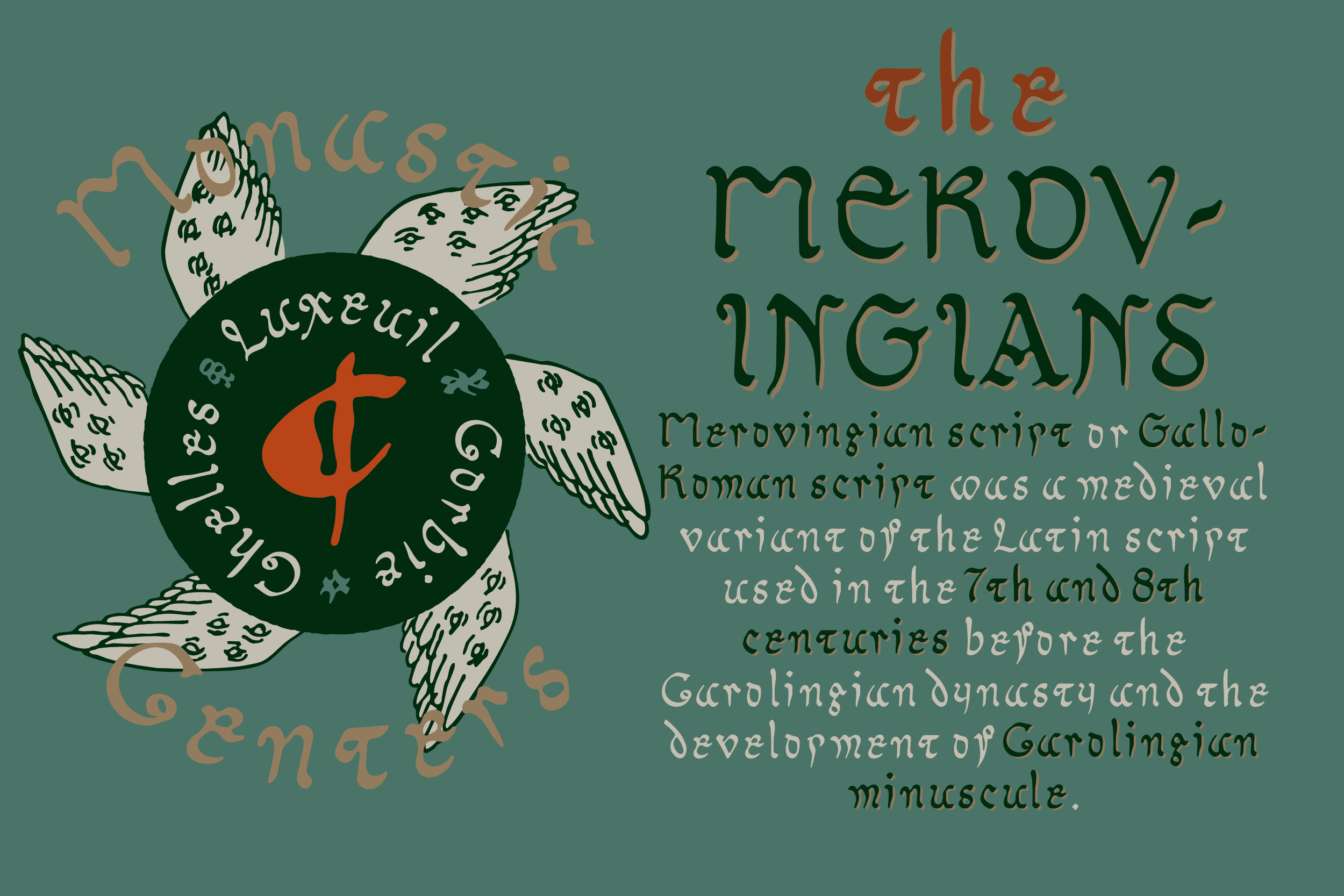 Merovingian script font with winged medieval illustration on sage green background