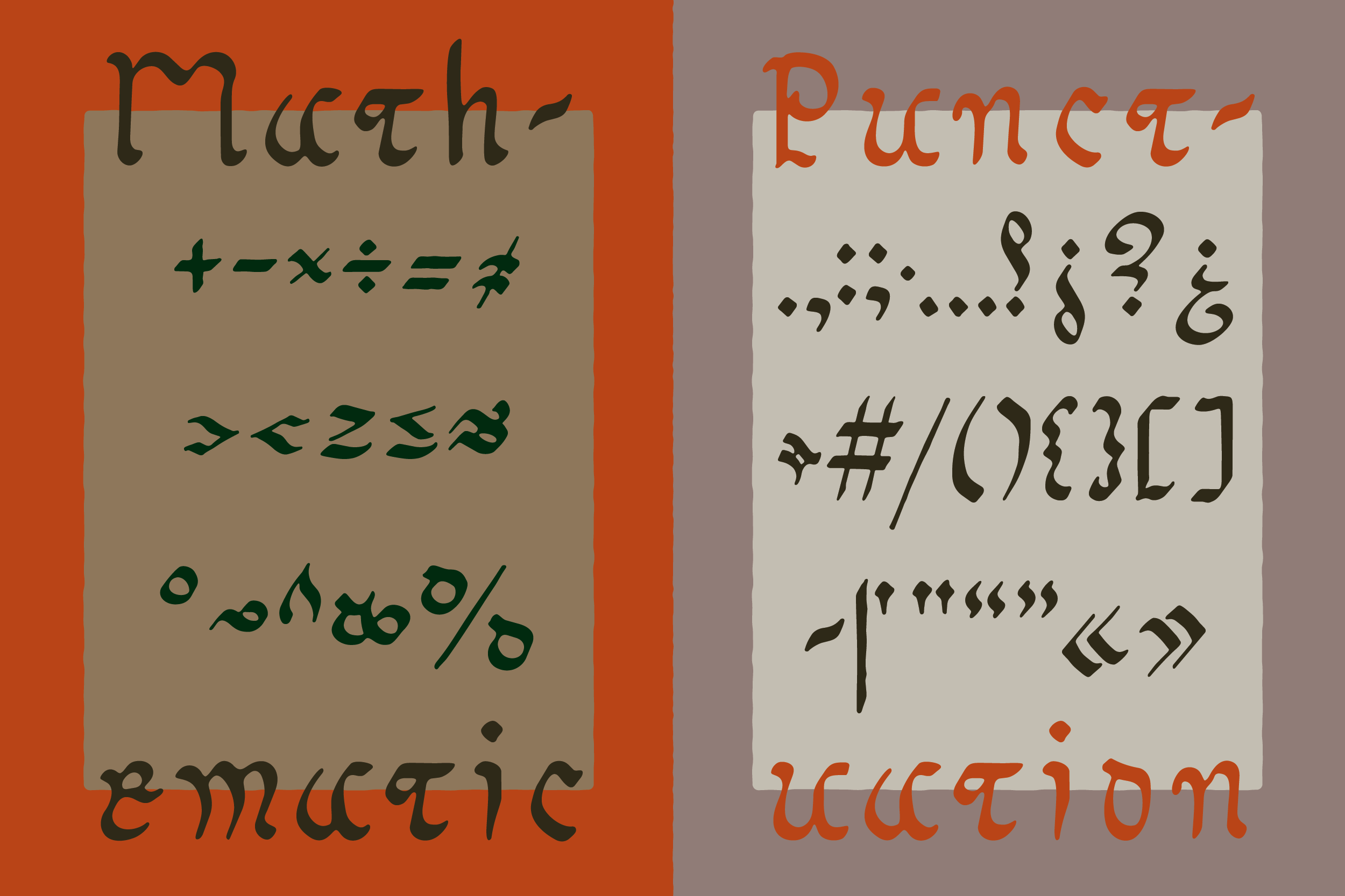 Two font specimen cards showing handwritten typeface characters with symbols on warm orange brown backgrounds
