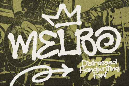 Distressed handwriting font with rough white letters on grungy olive background with sketched objects