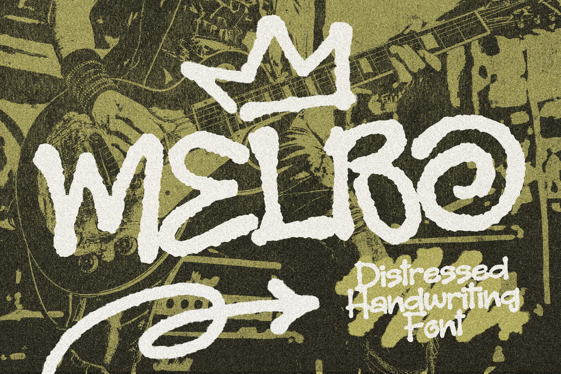 Distressed handwriting font with rough white letters on grungy olive background with sketched objects
