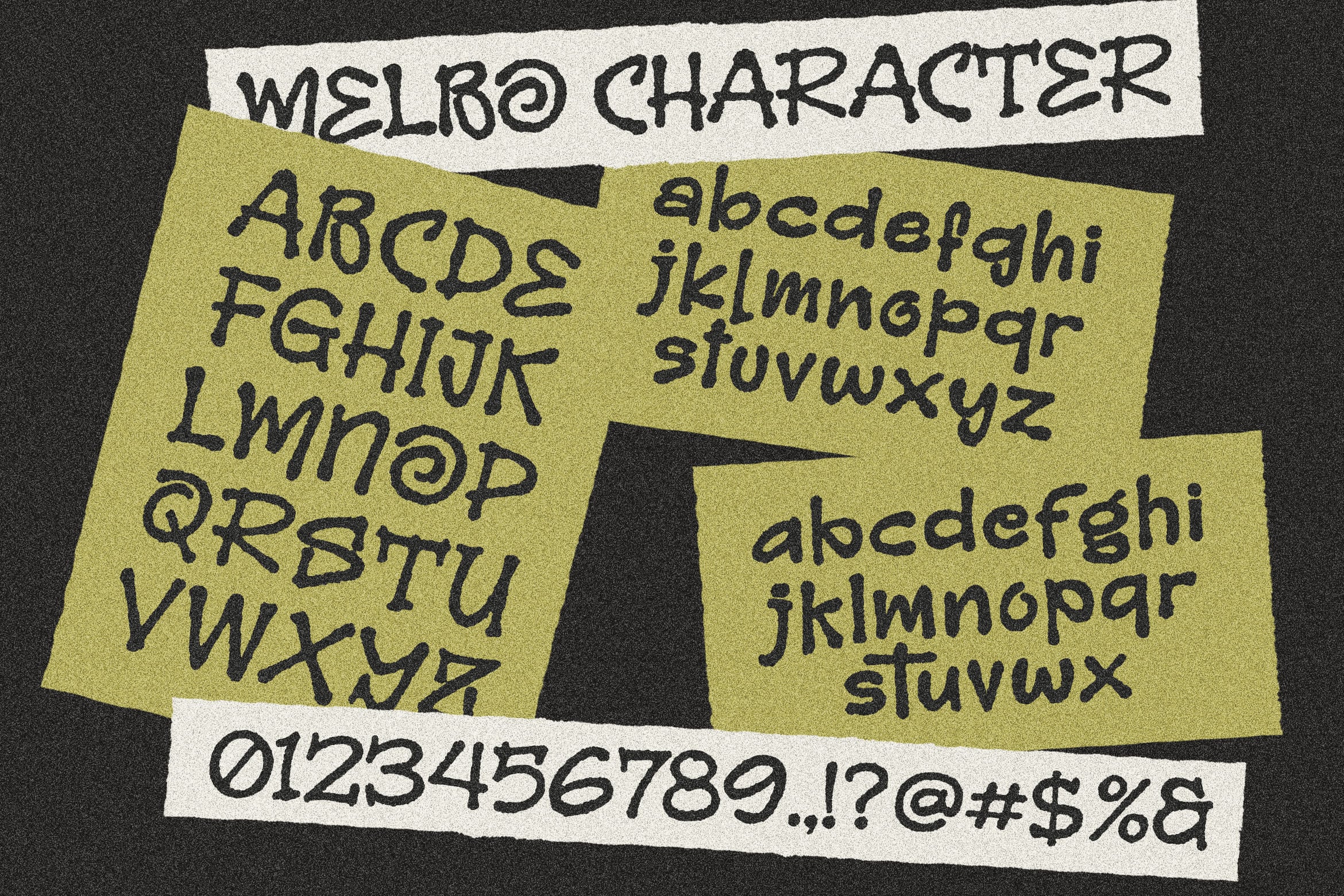 Welbo Character font showing full alphabet, numbers, plus symbols on olive paper scraps against dark background