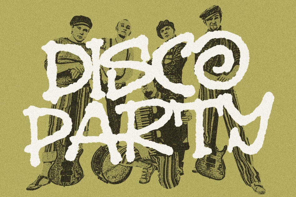 Vintage engraving of four figures in period clothing with large organic white letterforms overlaid on mustard background