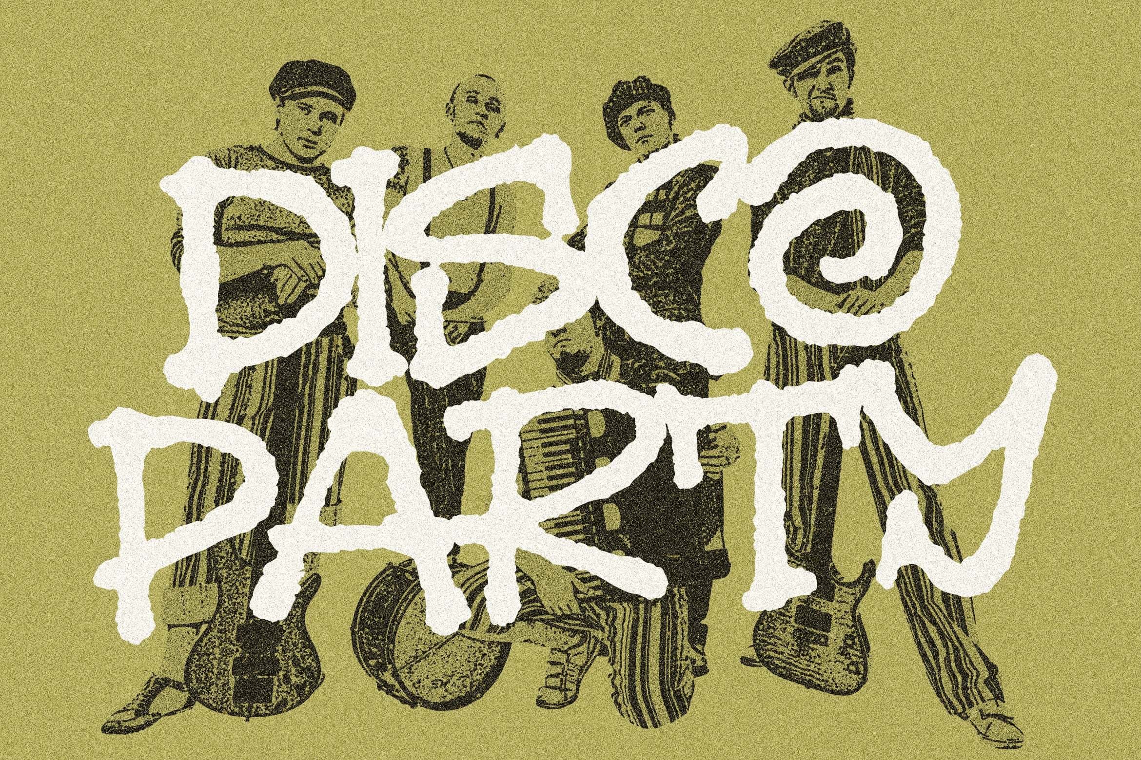 Vintage engraving of four figures in period clothing with large organic white letterforms overlaid on mustard background