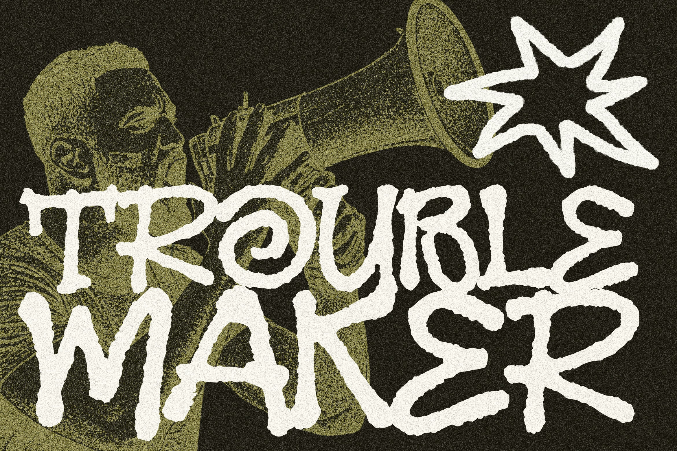 Retro megaphone graphic with textured olive tones on dark background, bold typography