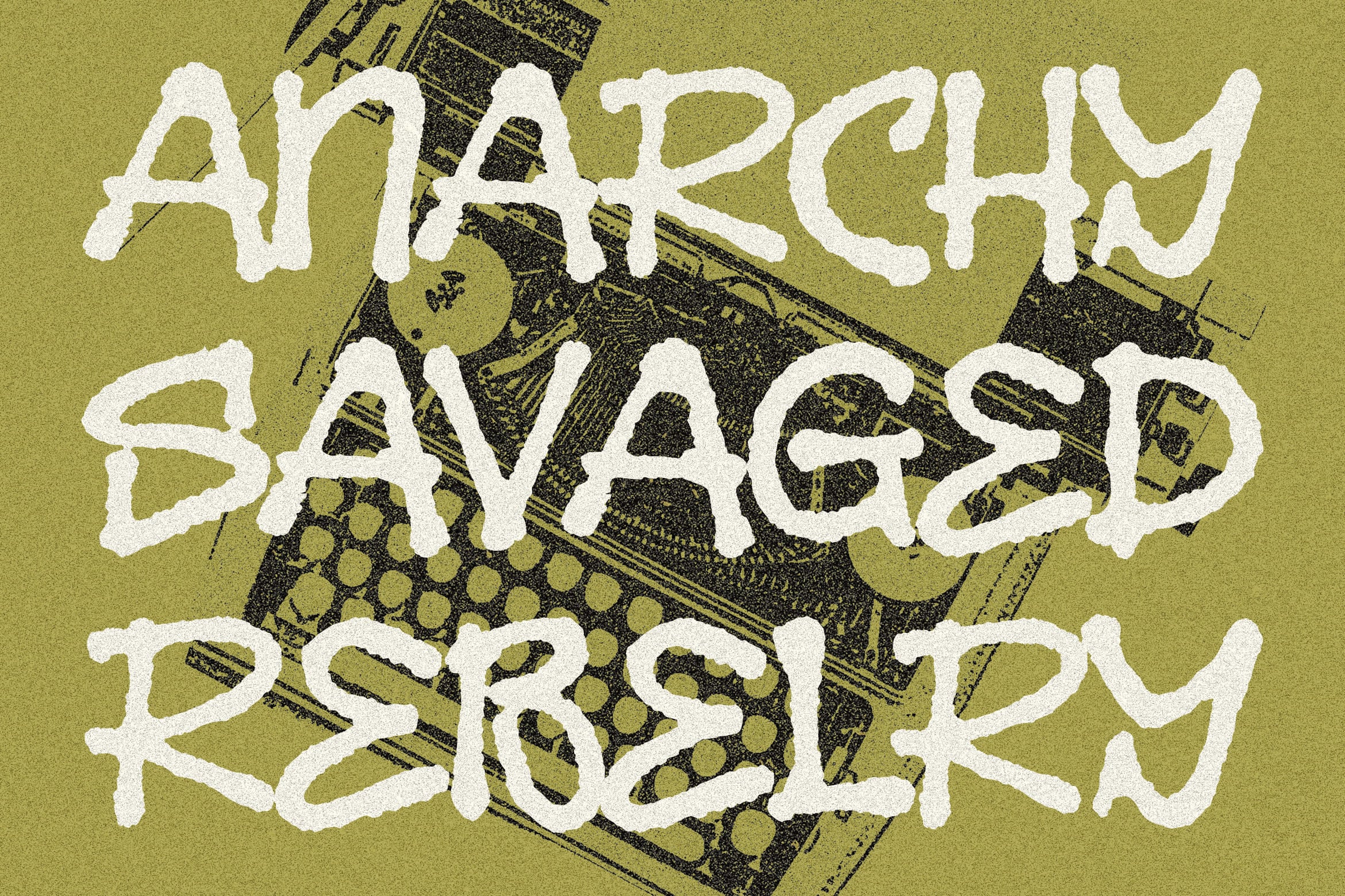 Distressed white lettering over olive background with vintage tool illustrations peeking through