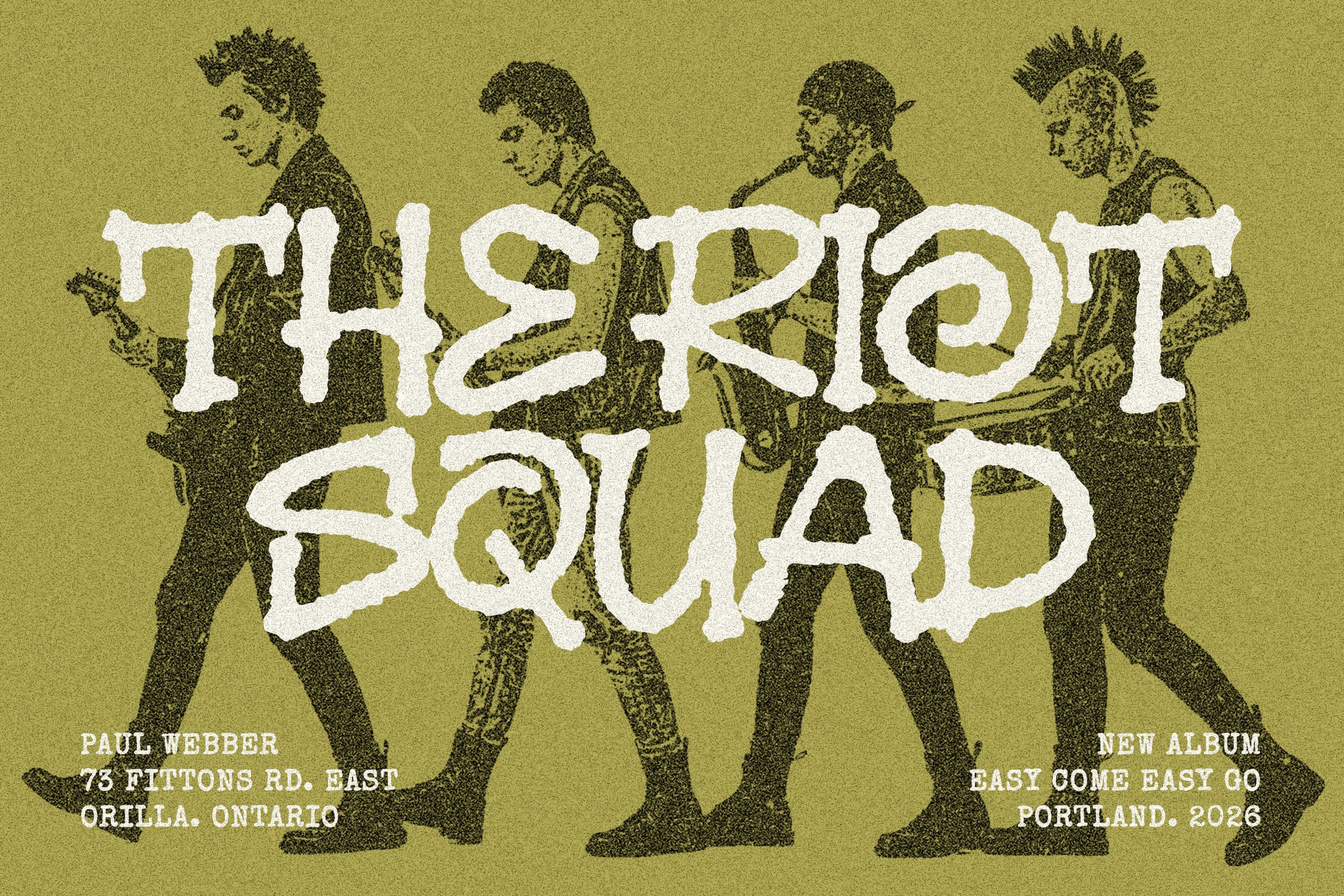 Vintage punk poster mockup with four mohawked figures in textured black silhouettes on olive background, chunky white serif typography overlaid