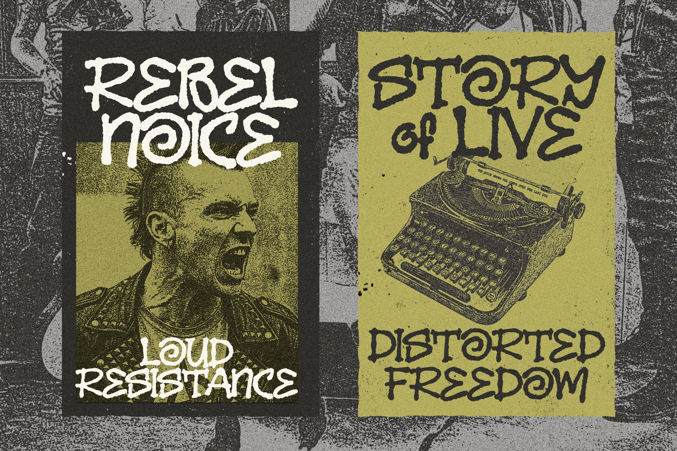 Distressed punk posters with bold hand-drawn lettering, vintage imagery, gritty texture overlay