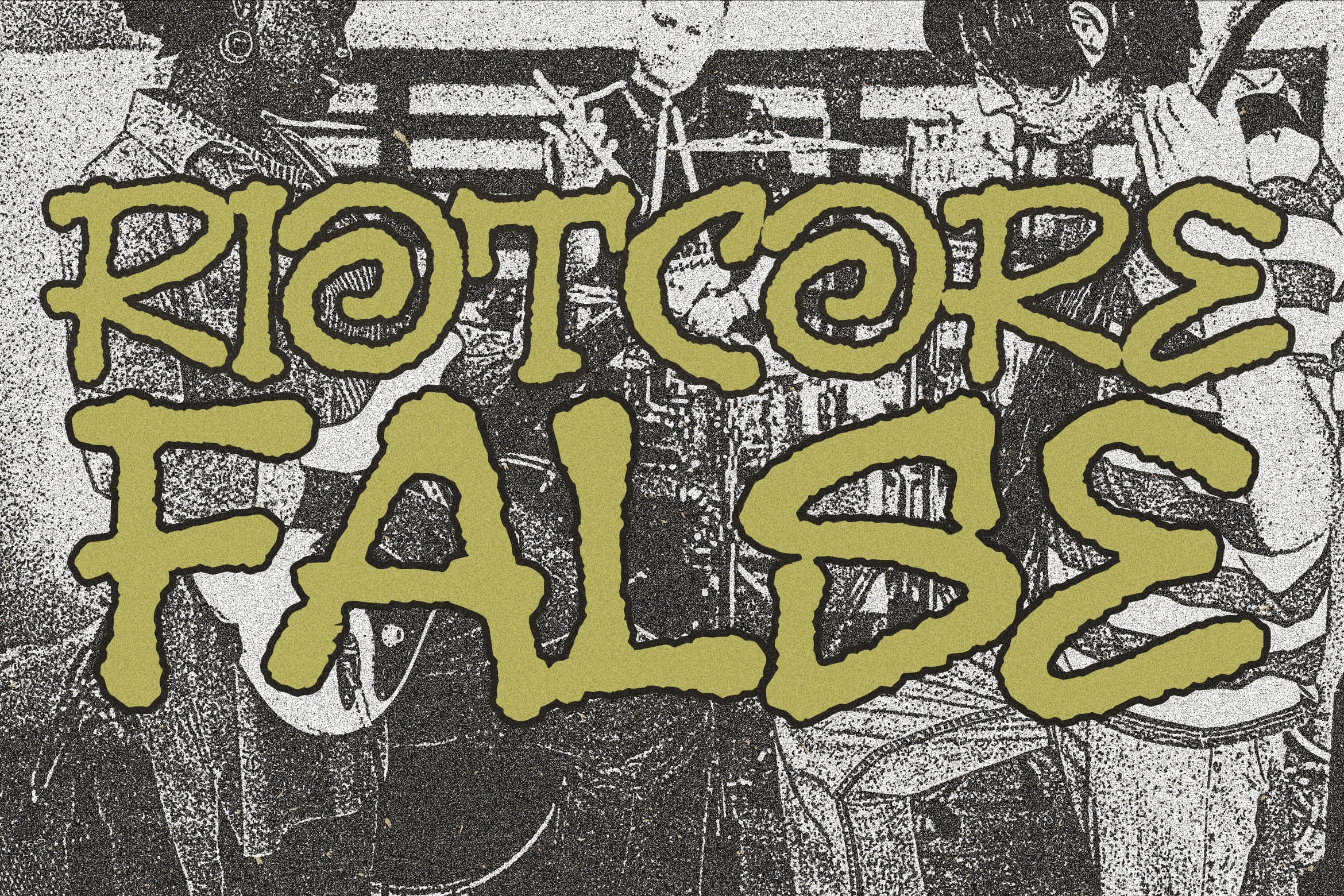 Retro graffiti style text "RIOT COPS" in chunky olive letters over gritty black textured background