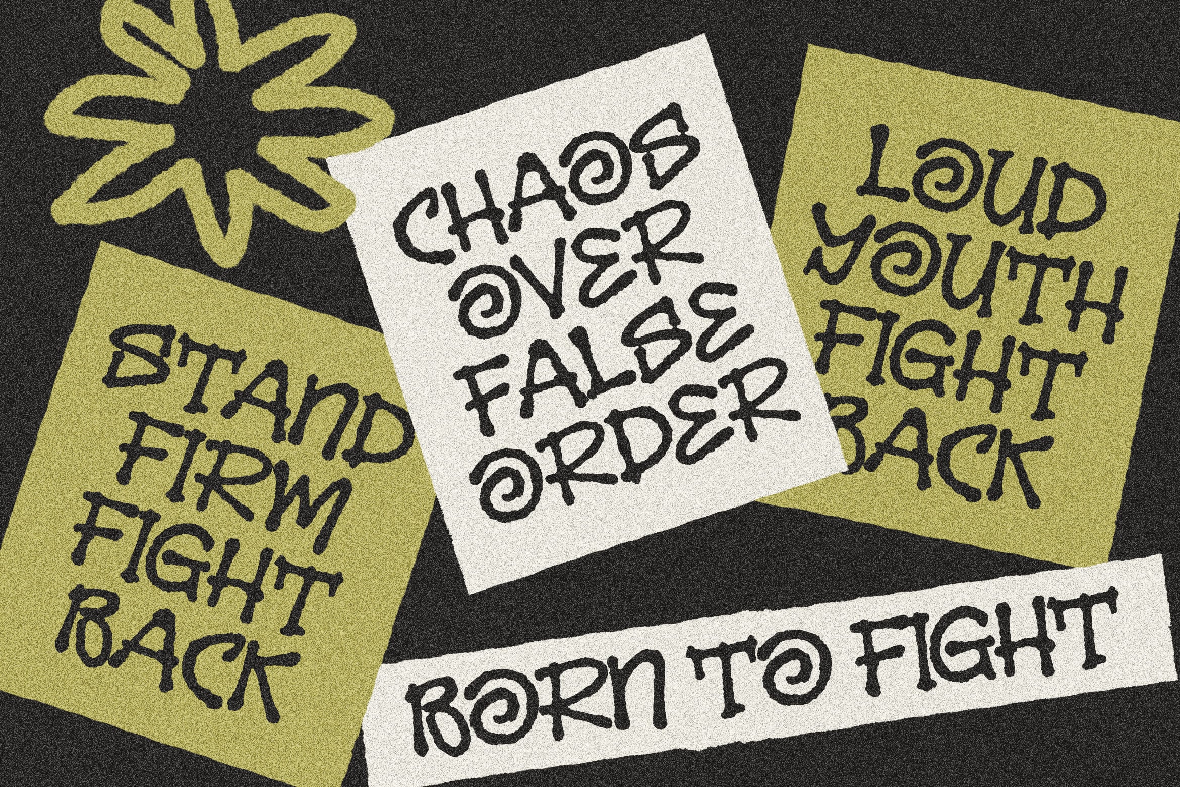 Scattered sticky notes with hand-drawn text about chaos, fighting back, loud south vibes on dark background