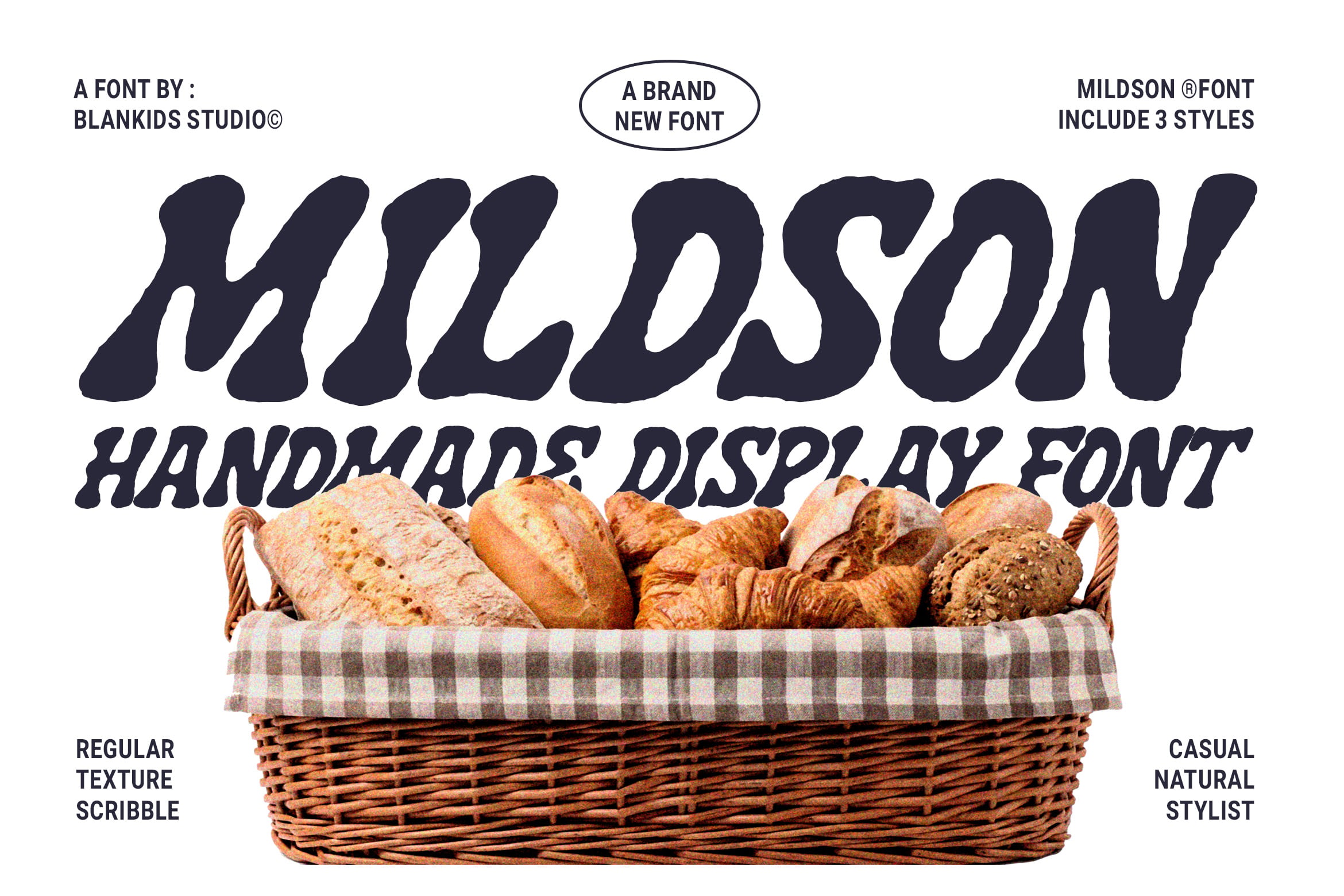 Mildson handmade display font with basket of fresh bread mockup showing 3 styles
