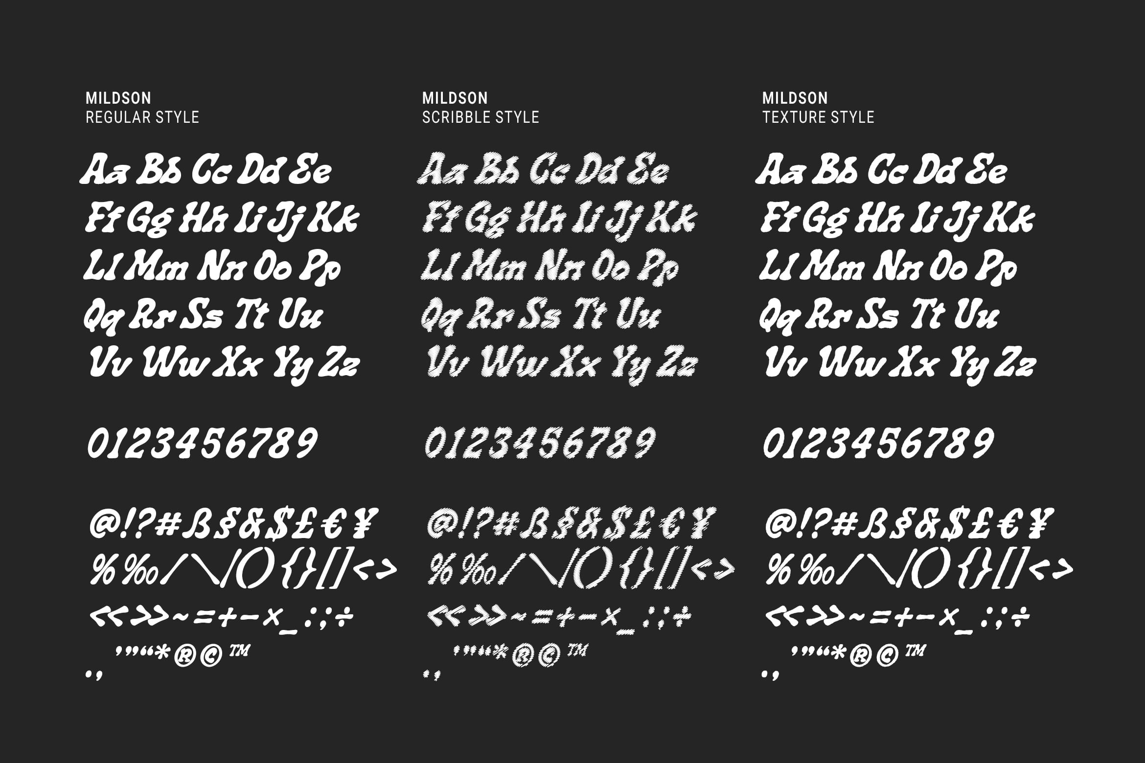 Mildson italic font in three styles: regular, scribble, texture on dark background