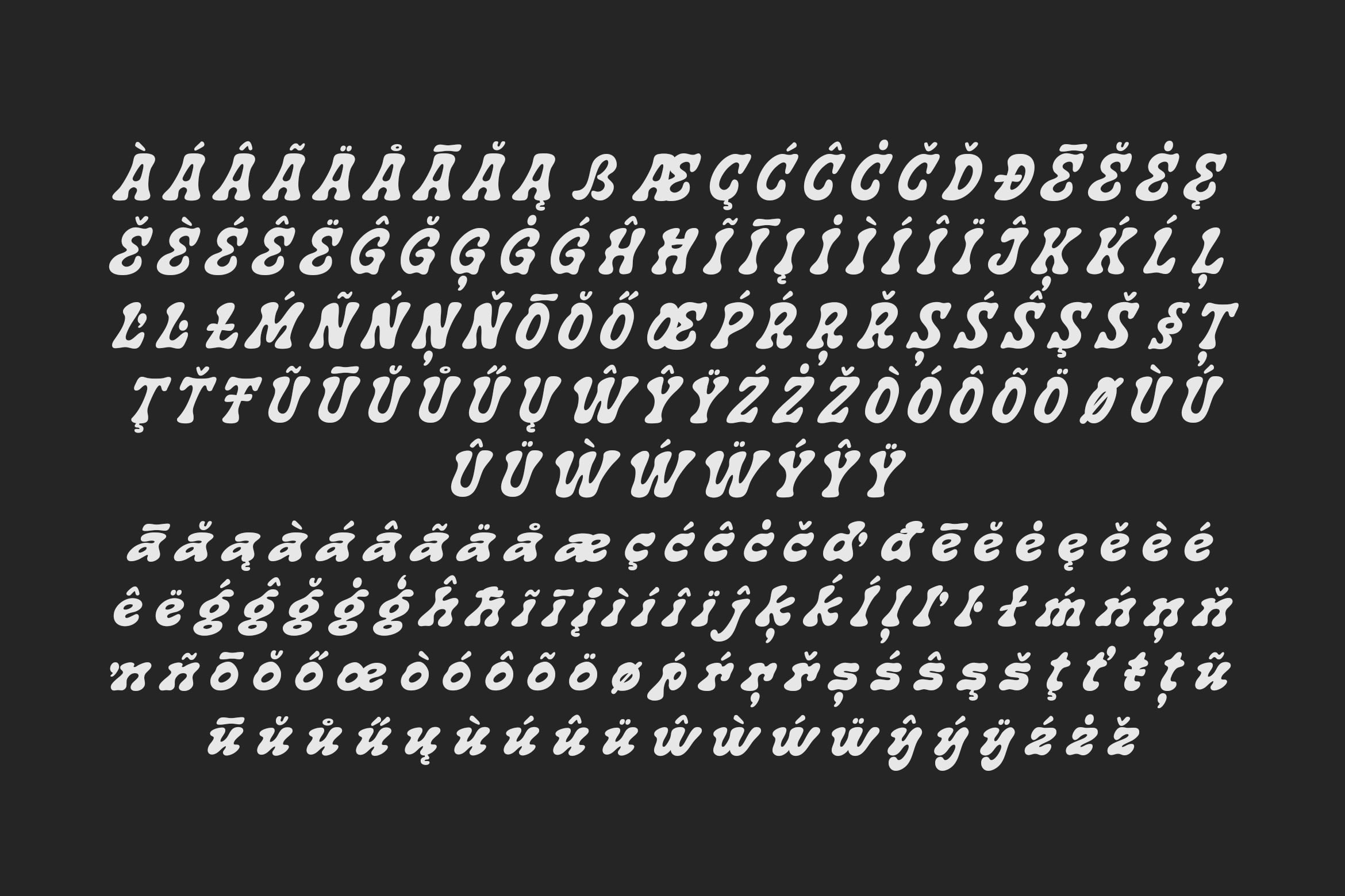 Italic serif font with extended character set showing diacritical marks on dark background